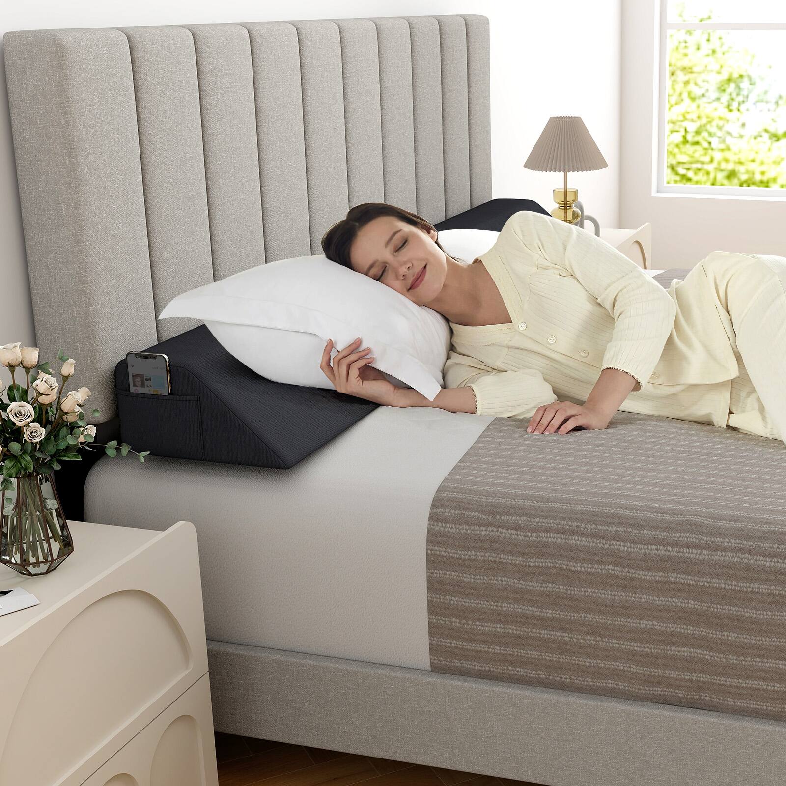 Alt View 3. Costway - Costway Queen Bed Wedge Pillow with Tablet Pillow Stand Side Pockets Support for Back - Grey.