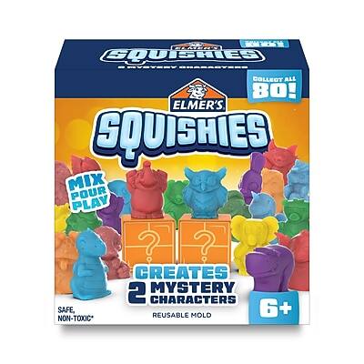 Sure, here is the corrected and grouped text from the image:
---
**ELMER'S SQUISHIES**
**MIX & PLAY**
**CREATES 2 MYSTERY CHARACTERS**
**SAFE, REUSABLE MOLD**
**6+ NON-TOXIC**
**COLLECT ALL 80!**
---
**ELMER'S SQUISHIES**
**MIX & PLAY**
**CREATES 2 MYSTERY CHARACTERS**
**SAFE, REUSABLE MOLD**
**6+ NON-TOXIC**
**COLLECT ALL 80!**