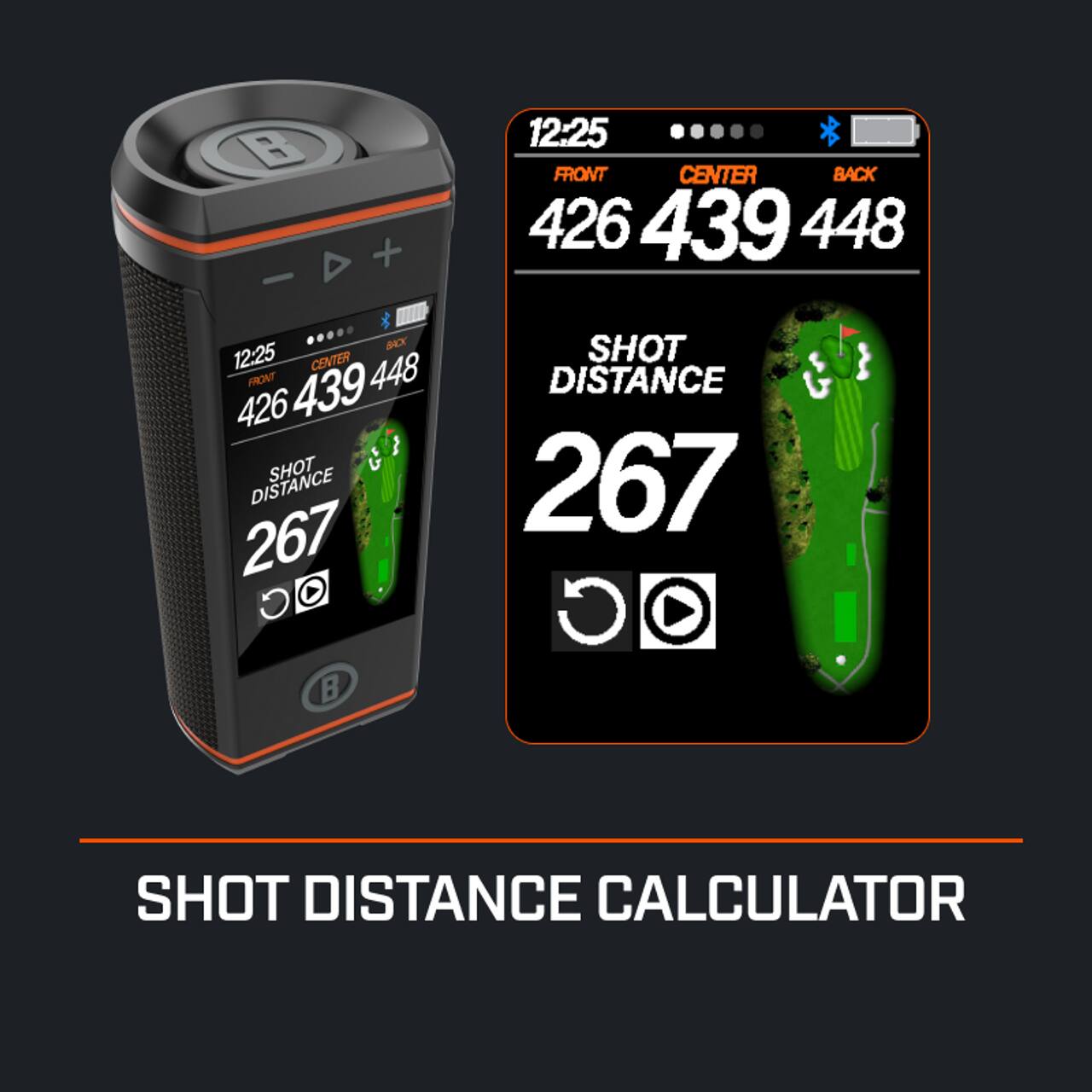 B + 12:25 FRONT CENTER BACK 426 439 448  
B4XX 12:25 CENTER FRONT 439 448 426  
SHOT DISTANCE 267  
C SHOT DISTANCE 267  
SHOT DISTANCE CALCULATOR