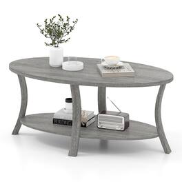 Pefilos - 2-Tier Oval Coffee Table, Rubber Wood Frame, Splayed Support Legs, Open Storage Shelf - Gray