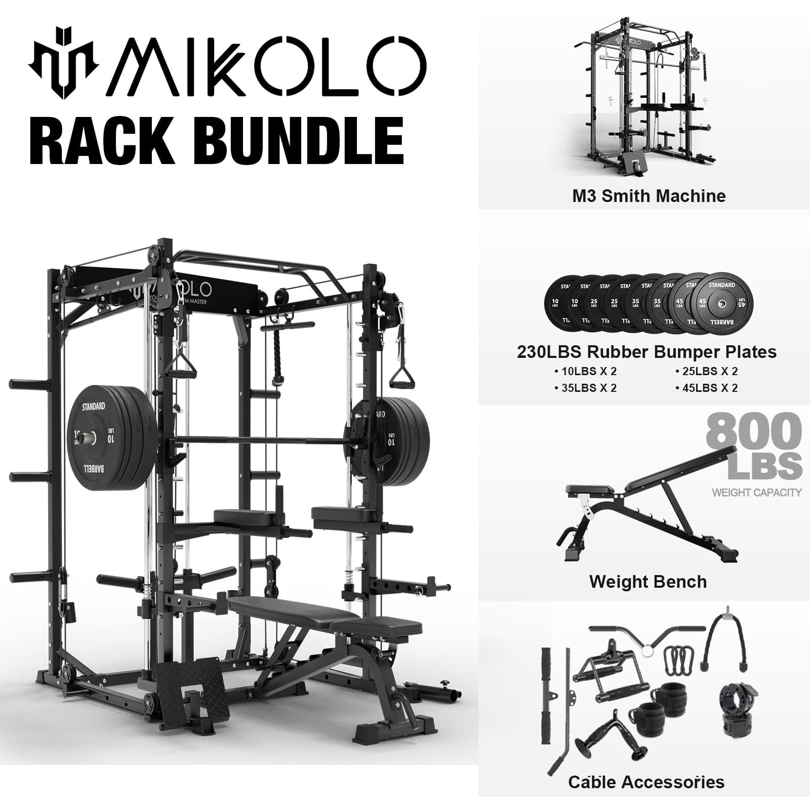 Mikolo - Smith Machine, 2000 lbs PowerCage, Smith Cage with 800LB Capacity Weight Bench and 230 lbs Weight Plate - Black