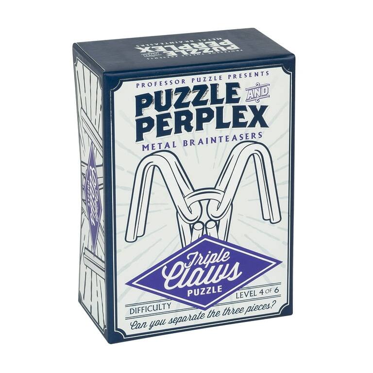 PROFESSOR PUZZLE PRESENTS  
PUZZLE AND PERPLEX  
METAL BRAINTEASERS  

Triple Claws  
PUZZLE  
LEVEL 4 OF 6  

DIFFICULTY  
Can you separate the three pieces?