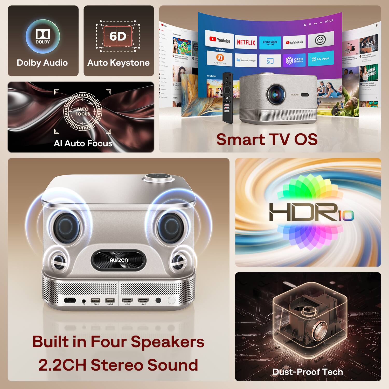 - US DOLBY 6D
- YouTube, NETFLIX, prime video, YouTube Kids, OPEN, 88 My Apps
- DAINA STON
- AUTO FOCUS
- Smart TV OS
- HDR10
- Built in Four Speakers
- 2.2CH Stereo Sound
- Dust-Proof Tech