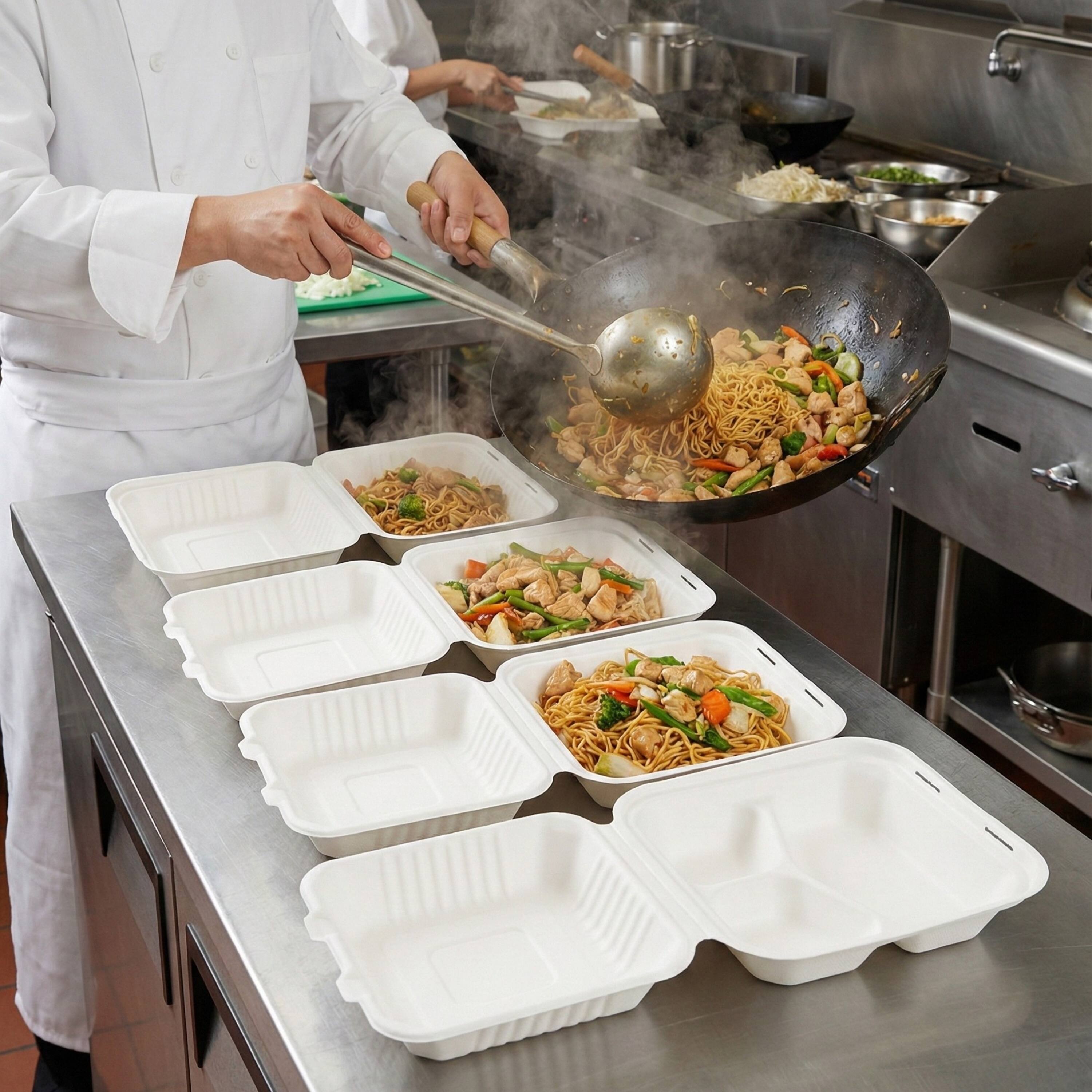 Alt View 4. Eco Harmony Products - Bagasse Hinged Container (PFAS-Free), White, 3-compartment, 8.5" x 8", 200-Pack - White.