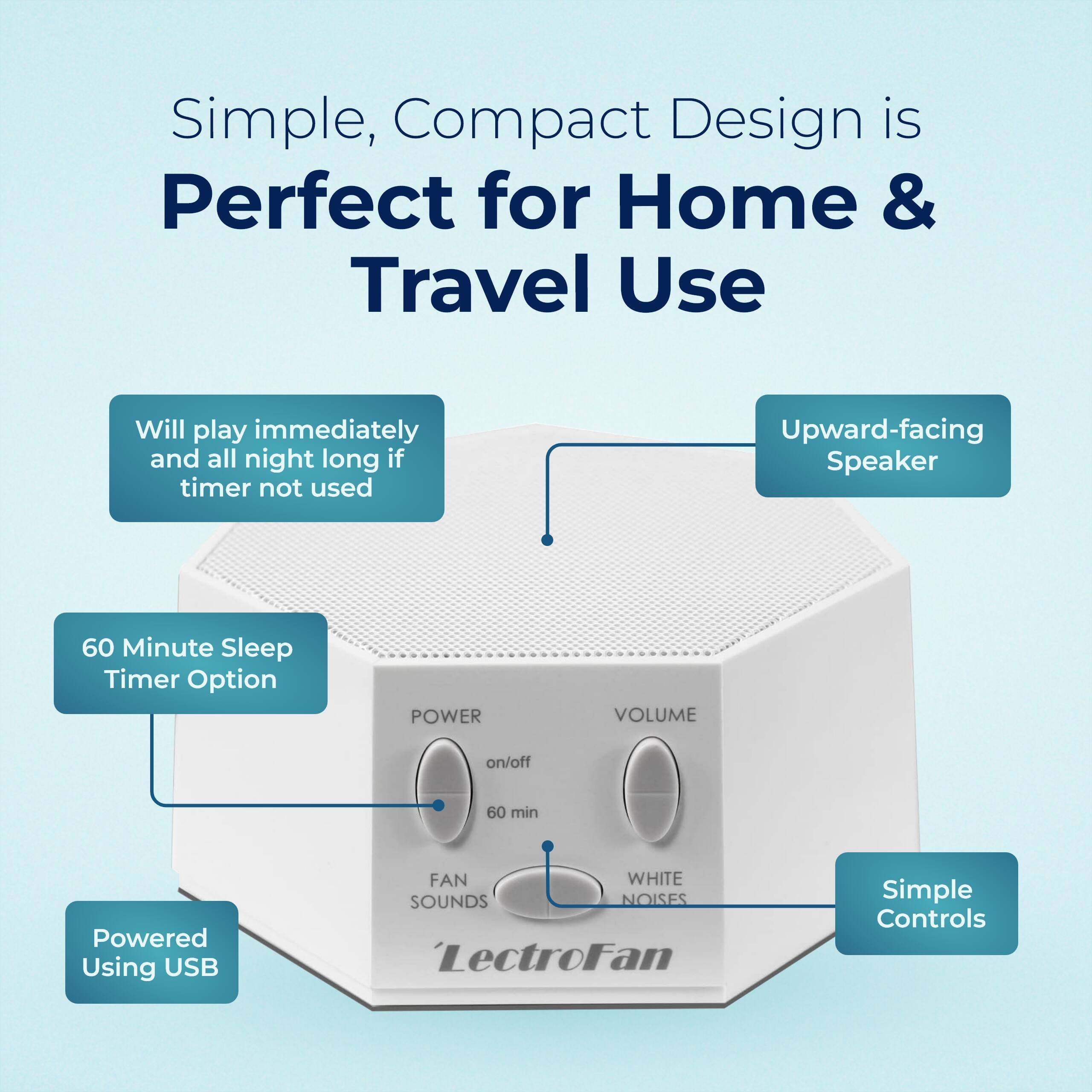 Simple, Compact Design is Perfect for Home & Travel Use

- Will play immediately and all night long if timer not used
- Upward-facing Speaker
- 60 Minute Sleep Timer Option
- POWER VOLUME on/off 60 min
- Powered Using USB
- FAN WHITE SOUNDS NOISES
- Simple Controls