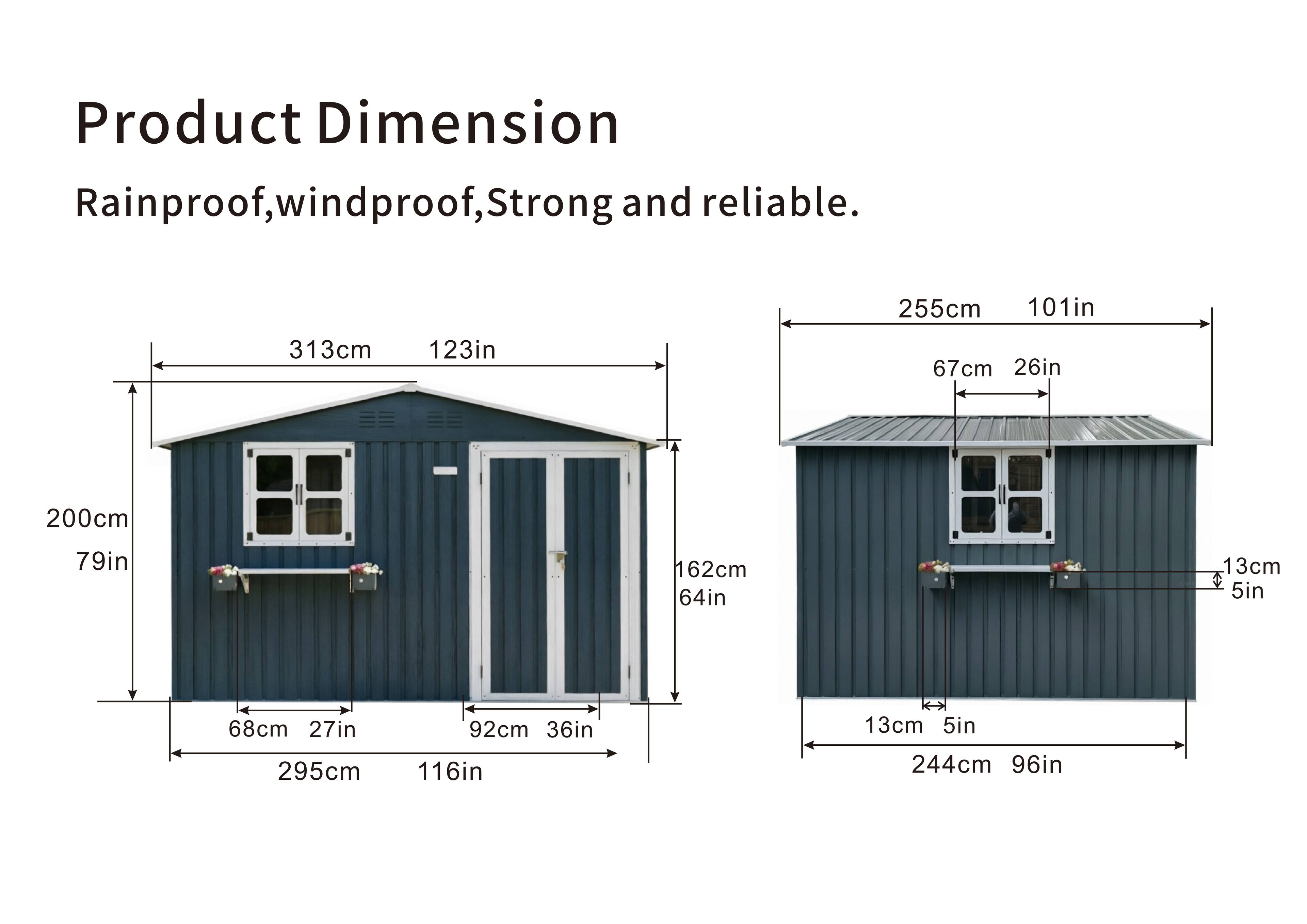 Product Dimension  
Rainproof, windproof, Strong and reliable.

- 255cm 101in
- 313cm 123in
- 67cm 26in
- 200cm 79in
- 162cm 64in
- 68cm 27in
- 295cm 116in
- 13cm 5in
- 244cm 96in