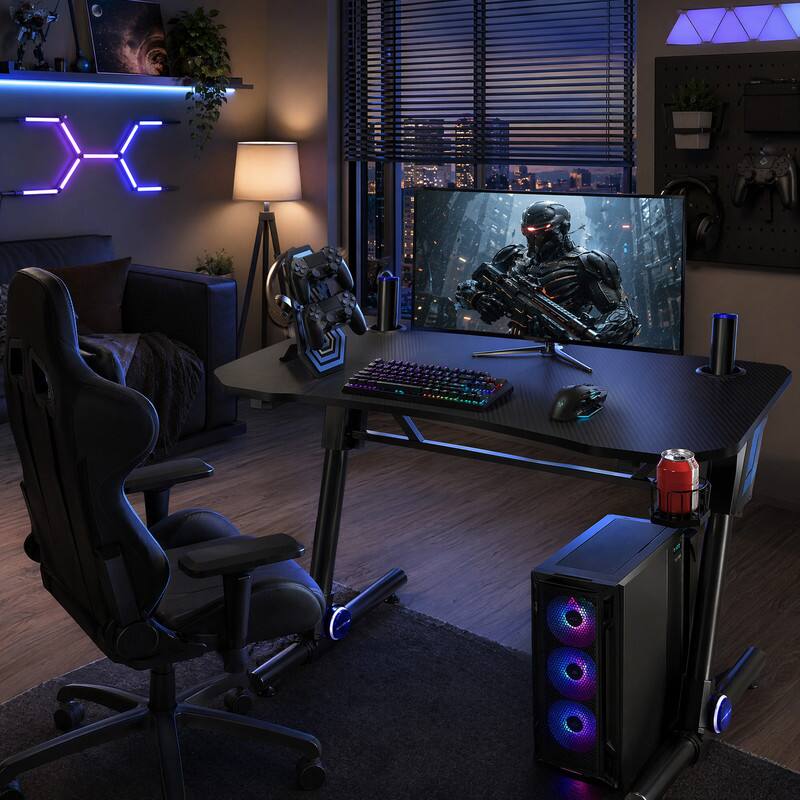 Angle. WELLFOR - 43.5" Height Adjustable Gaming Desk with LED Light, Computer Desk with Cup Holder - Black.