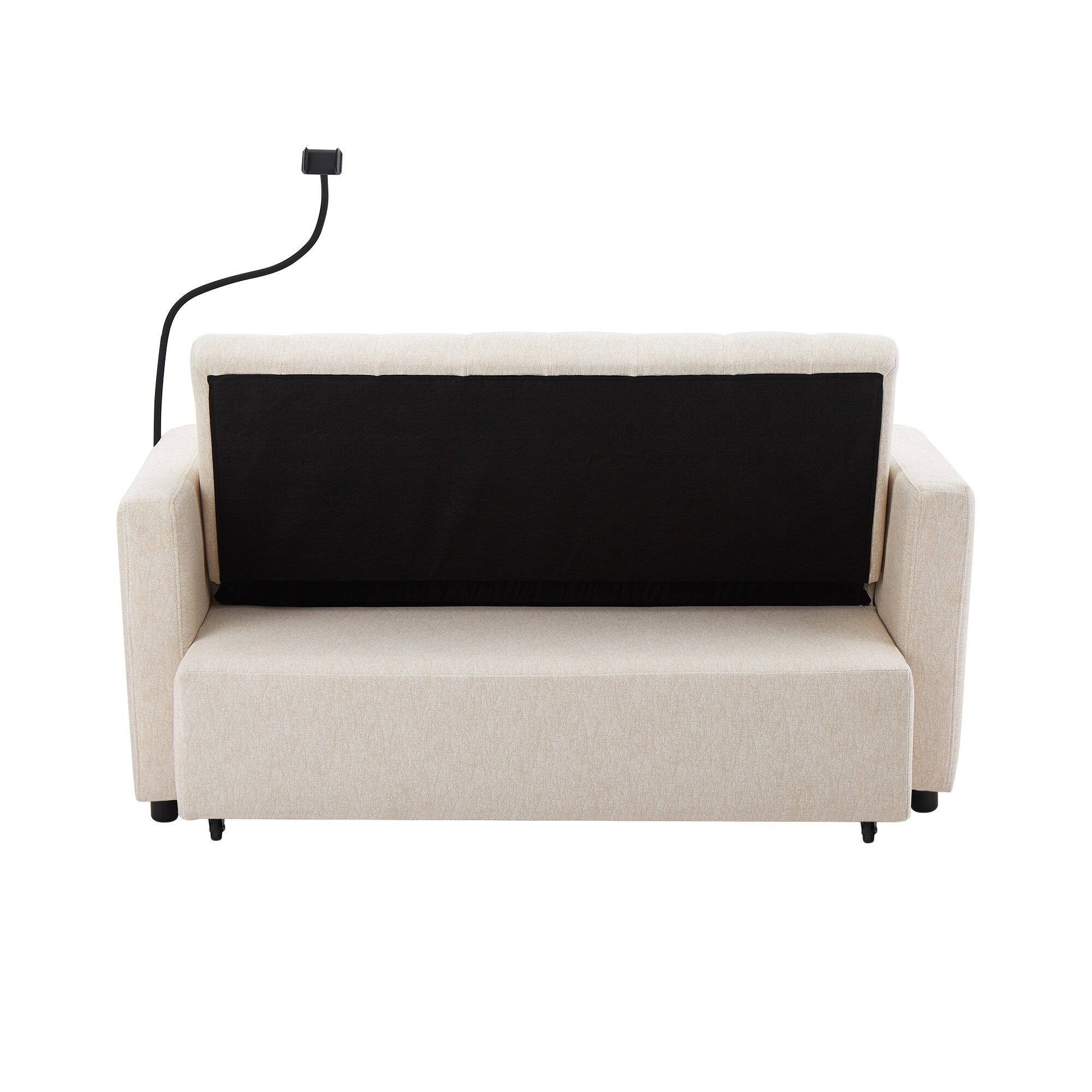 Back. Boyel Living - 55.9 in. Polyester Twin Size Convertible Sofa Bed with USB Ports and Side Pockets - Beige.