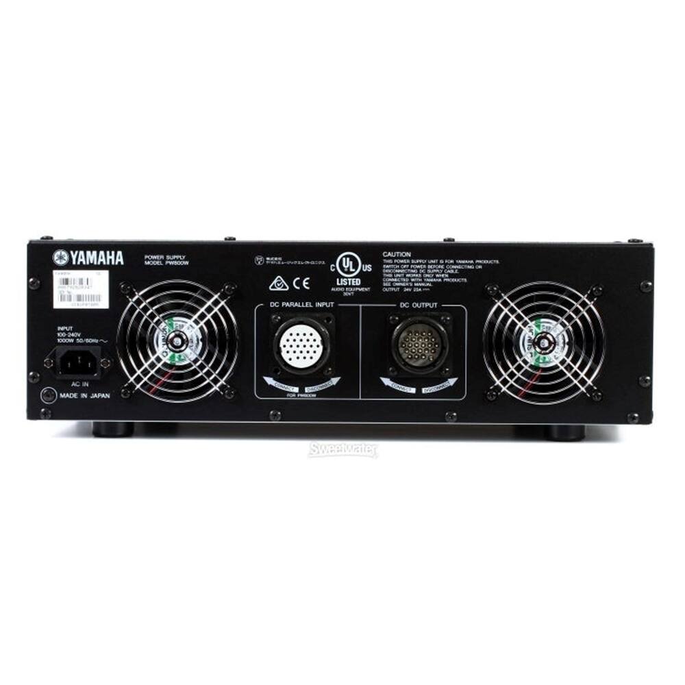 YAMAHA POWER SUPPLY  
MODEL: PWS-2000M  
DC PARALLEL INPUT  
DC OUTPUT  
AC IN  
MADE IN JAPAN  

CAUTION  
THIS POWER SUPPLY UNIT IS FOR YAMAHA PRODUCTS.  
DO NOT USE WITH OTHER PRODUCTS.  
DO NOT USE WITH PRODUCTS OTHER THAN YAMAHA PRODUCTS.  

UL LISTED  
C E  

INPUT: 100-240V~50/60Hz  
OUTPUT: 24V 20A  

Sweetwater