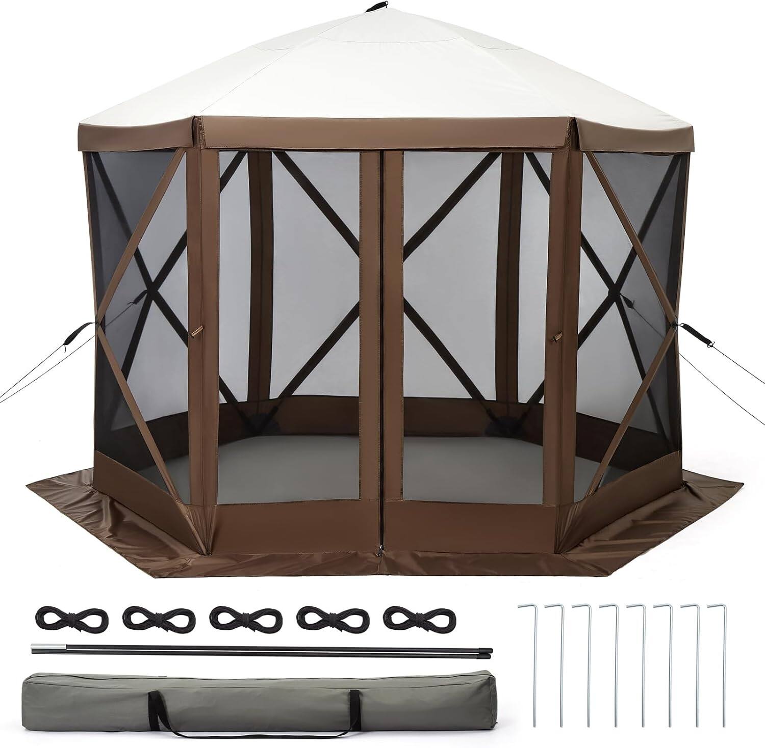 Front. Homhougo - 11.5x11.5 ft 6-Sided Pop Up Gazebo Tent, Waterproof UV Protected Screen Tent, Portable Camping Canopy Sun Shelter - Brown 11.5x11.5 Ft.