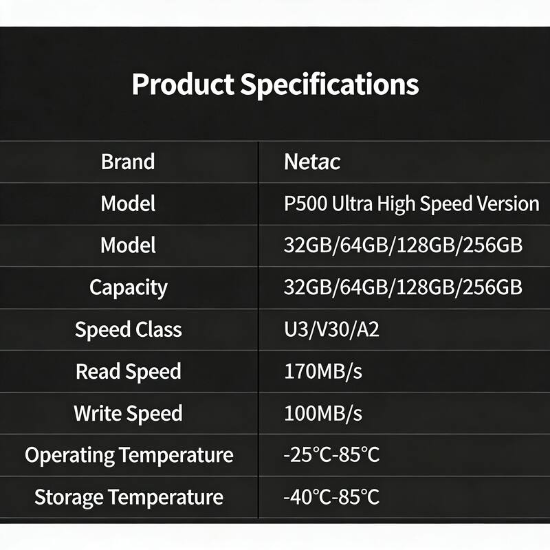 Product Specifications

Brand: Netac  
Model: P500 Ultra High Speed Version  
Capacity: 32GB/64GB/128GB/256GB  
Speed Class: U3/V30/A2  
Read Speed: 170MB/s  
Write Speed: 100MB/s  
Operating Temperature: -25°C-85°C  
Storage Temperature: -40°C-85°C