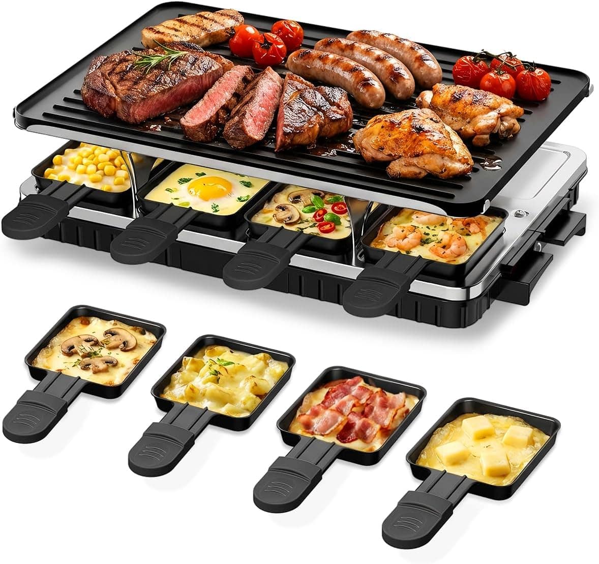 Front. HBN - HBN Electric Raclette Grill, 2-in-1 BBQ & Griddle, 8 Trays, Nonstick, Adjustable Temp, 1300W, Indoor Use.