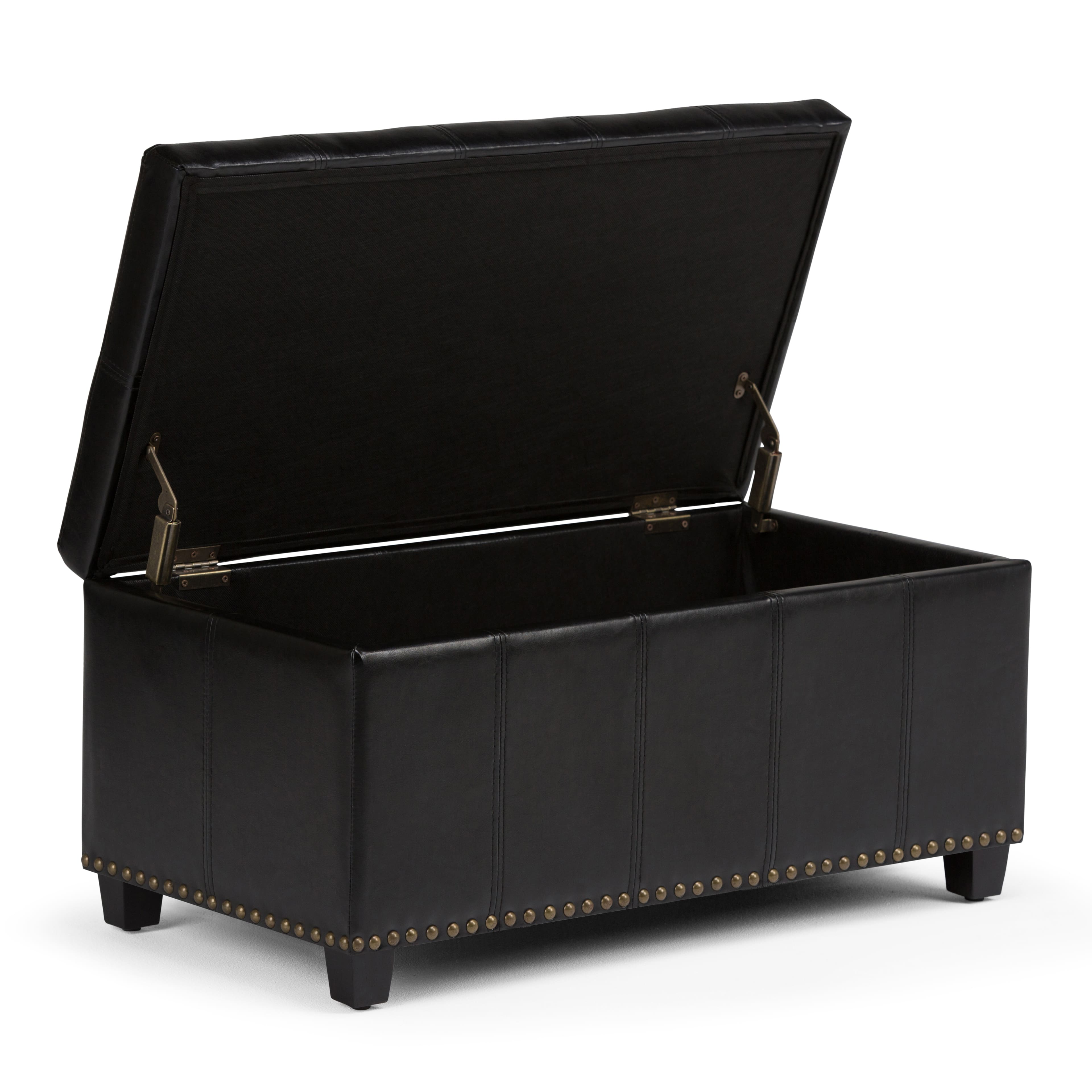 Left. Simpli Home - Amelia 34 inch Wide Transitional Rectangle Storage Ottoman Bench in Midnight Black Faux Leather - Midnight Black.