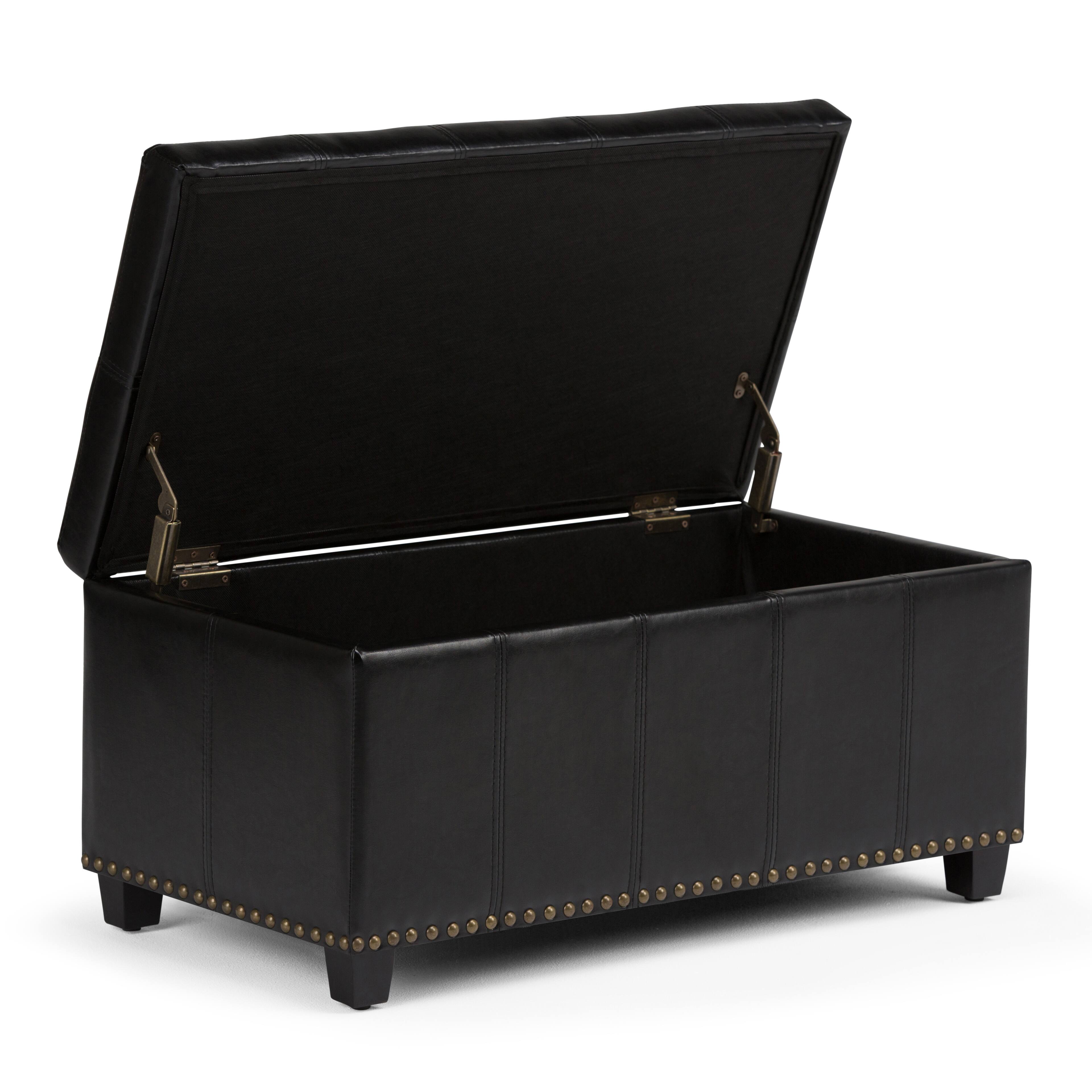 Left. Simpli Home - Amelia 34 inch Wide Transitional Rectangle Storage Ottoman Bench in Midnight Black Faux Leather - Midnight Black.