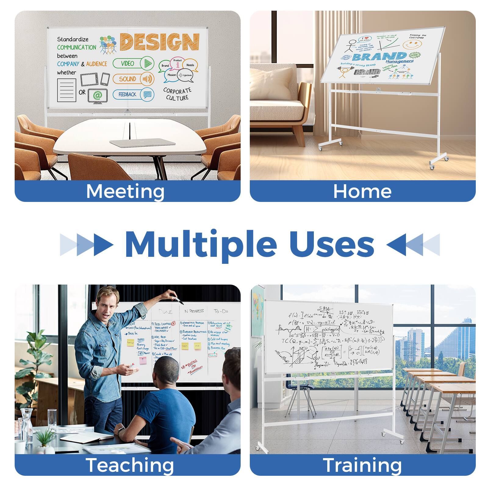 The image features a collage of four different scenarios, each with a different purpose. The scenarios include teaching, training, meeting, and home multiple uses. The text on the image is grouped as follows:

1. Standardize COMMUNICATION DESIGN between - COMPANY & ALIDENCE VIDEO frand - whether - - SOUND OR FEEDBACK CORPORATE CULTURE I - BRAND - Manogemeni.
2. Meeting Home Multiple Uses 1 g T3 CPA N - - - - - mand   I SMP Sea A Te - a  m - - T - - - -  Te - ry  T - de -  &  d Nr  ~ - PRONG  n 1 8 13 2   rolepo  ) o 25-4 Teaching Training.