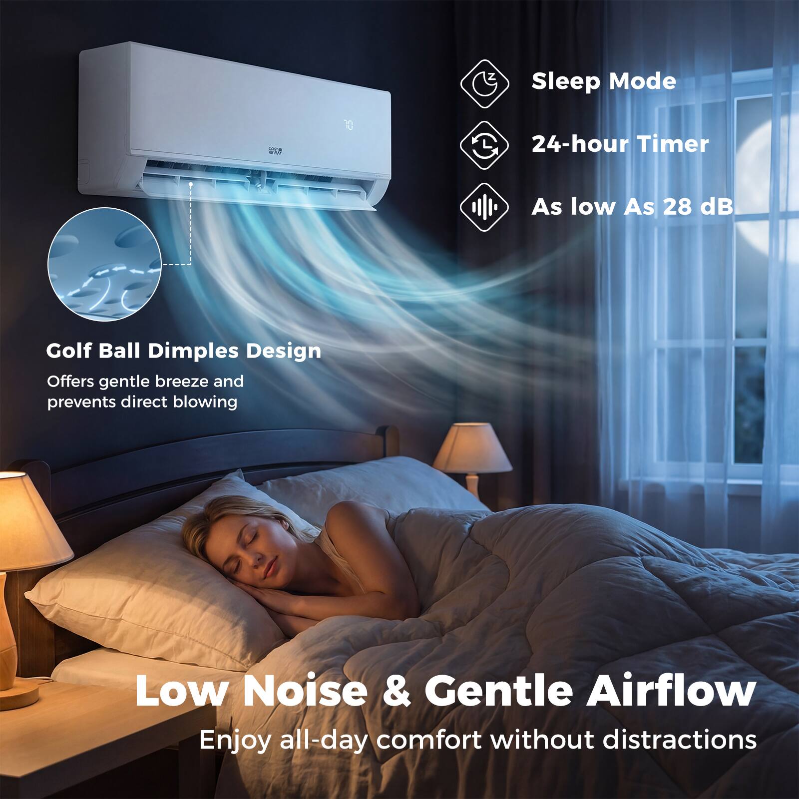 Sleep Mode  
24-hour Timer  
As low As 28 dB  

Golf Ball Dimples Design  
Offers gentle breeze and prevents direct blowing  

Low Noise & Gentle Airflow  
Enjoy all-day comfort without distractions