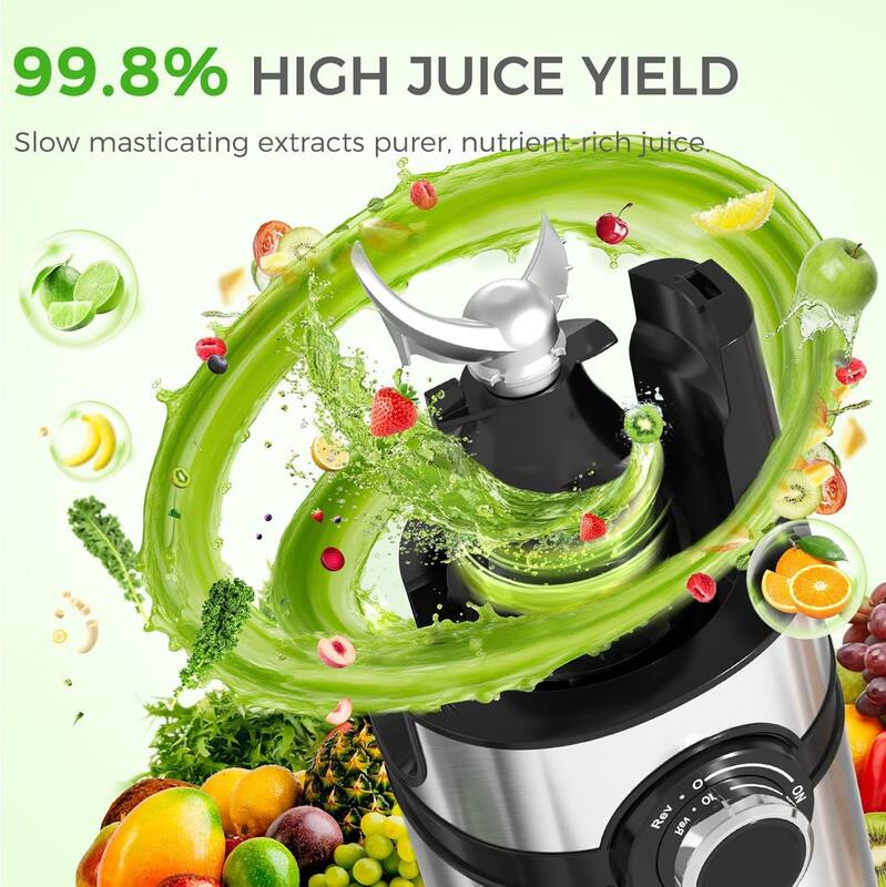 99.8% HIGH JUICE YIELD

Slow masticating extracts purer, nutrient-rich juice.
