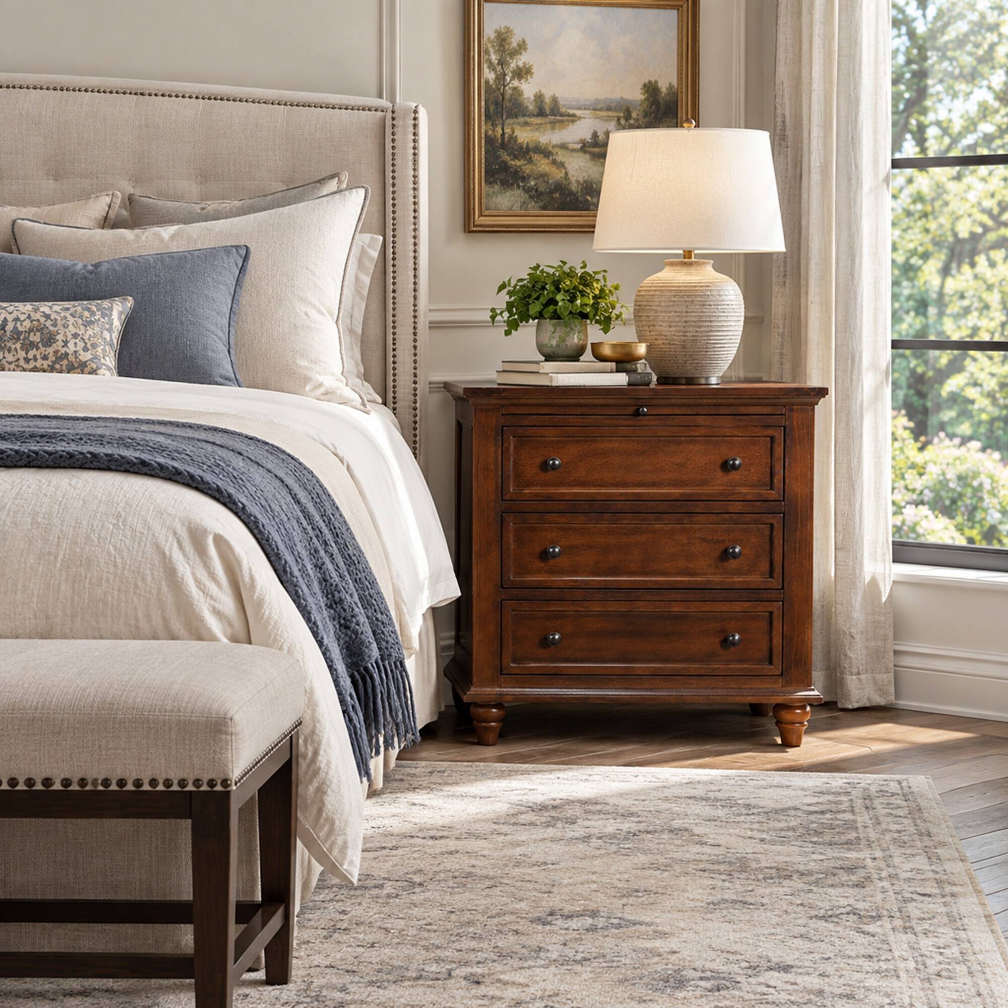 RYHNUYNE 27.6 in Nightstand, Pine Wood Veneer, 3 Drawers, Pull Out Tray ...