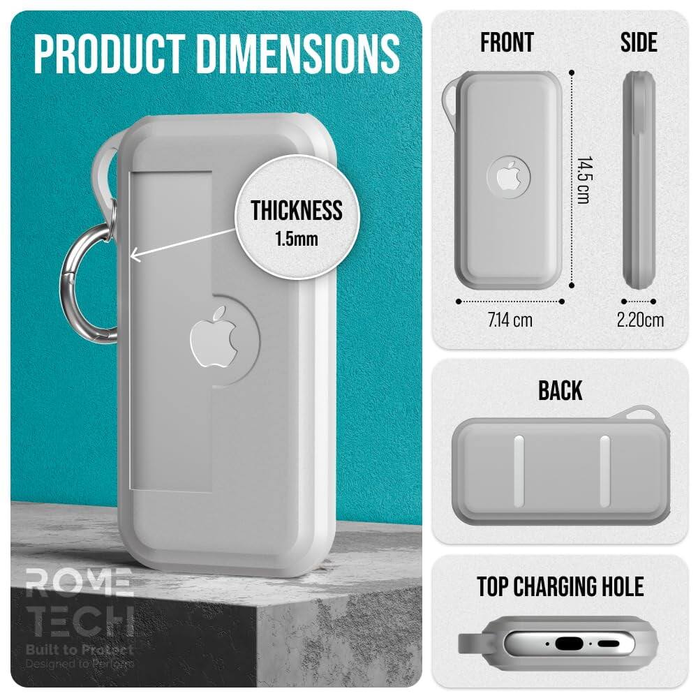PRODUCT DIMENSIONS

FRONT
- THICKNESS: 1.5mm
- 14.5 cm
- 7.14 cm

SIDE
- 2.20 cm

BACK

TOP CHARGING HOLE

ROME TECH
Built to Protect
Designed to Perform