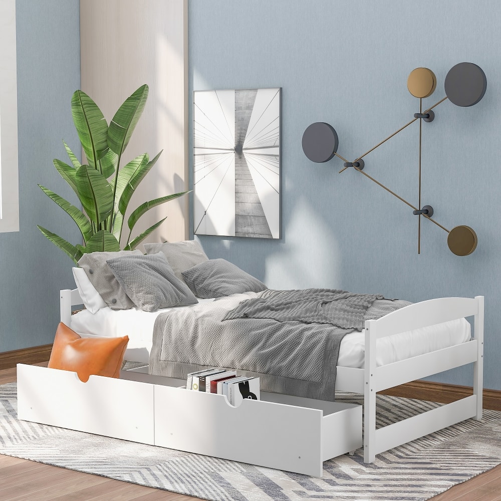 Loheer - Twin Platform Bed Pine Wood with 2 Storage Drawers - White price history on PriceWatchPro
