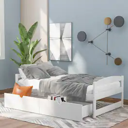 Loheer - Twin Platform Bed Pine Wood with 2 Storage Drawers - White