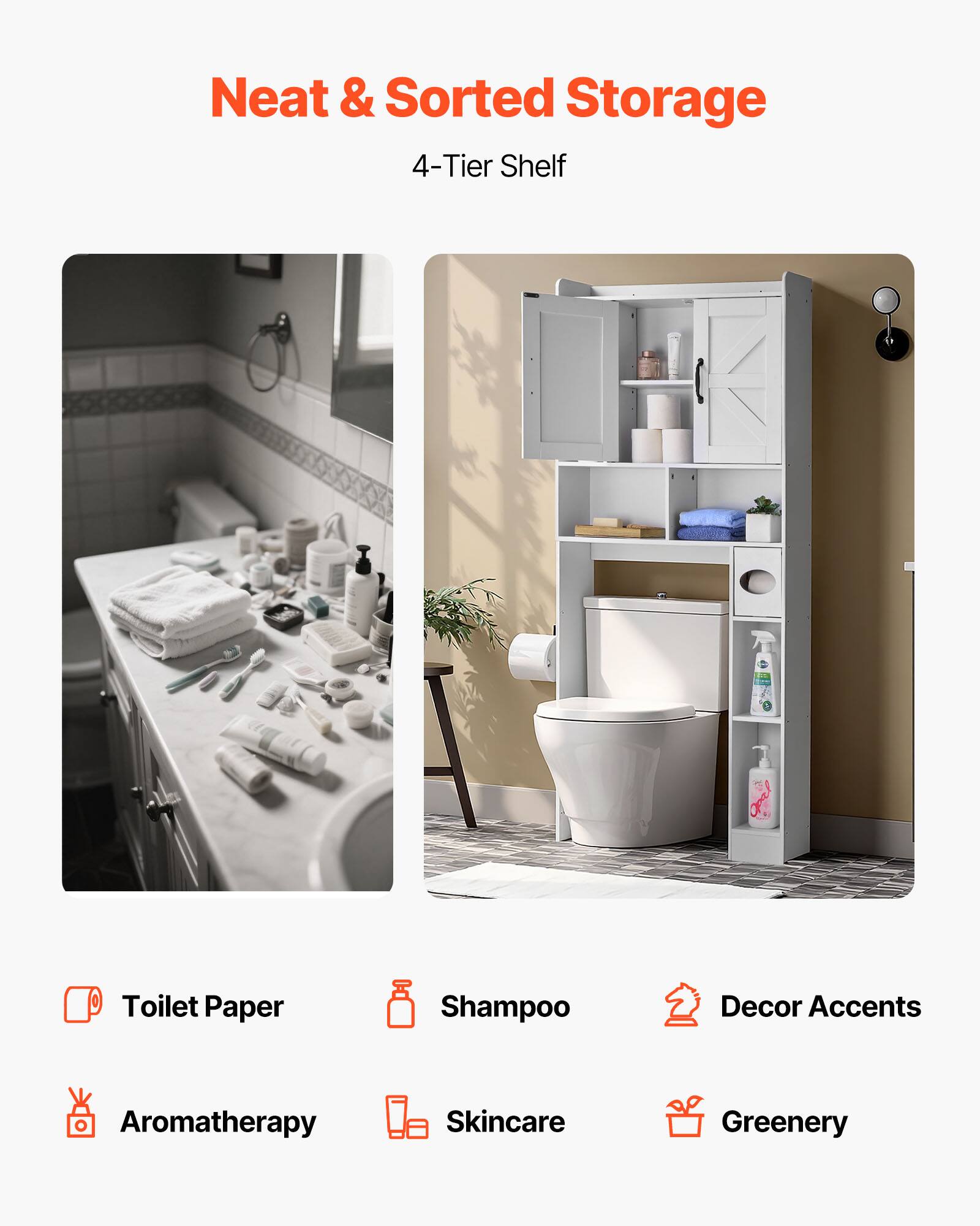 Neat & Sorted Storage 4-Tier Shelf: Toilet Paper, Shampoo, Decor Accents, Aromatherapy, Skincare, Greenery.