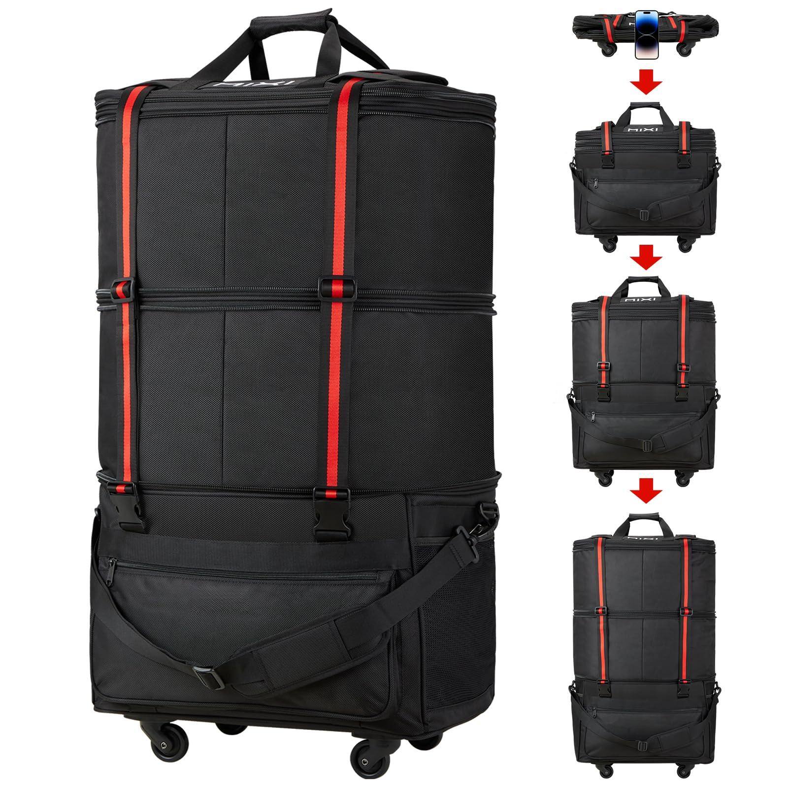 Front. Fabibe - Travel Bag With Wheels Expandable Foldable Luggage Collapsible Rolling Duffel Large Capacity Suitcase For Men - Black.