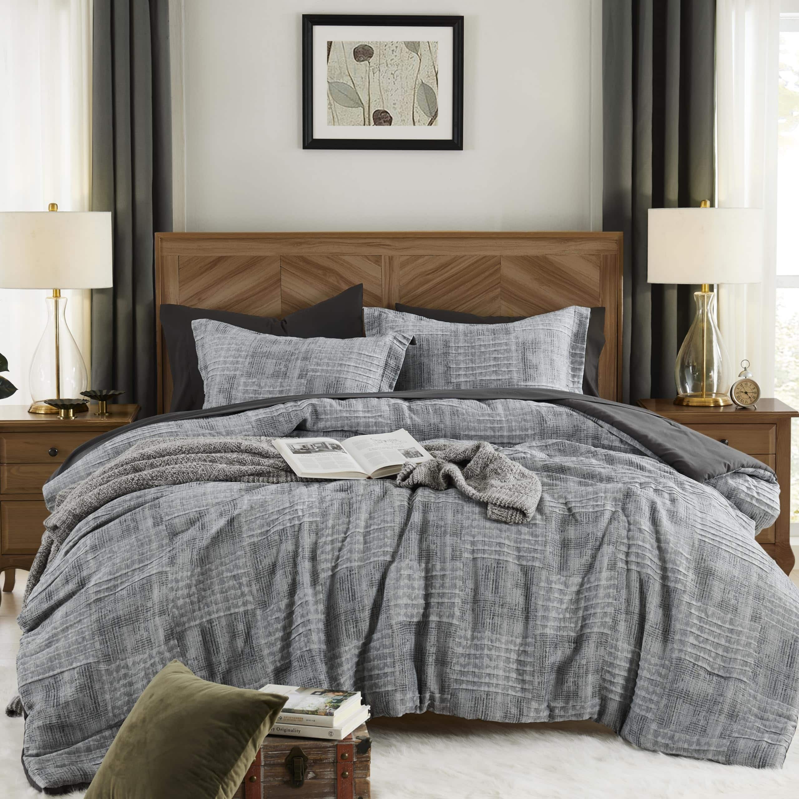 NICHOLAS KLEIN - Charcoal Queen Comforter Set Textured Design Crinkle Bed In A Bag Sheets Pillowcases Shams 90 x 90 - Charcoal Grey California King