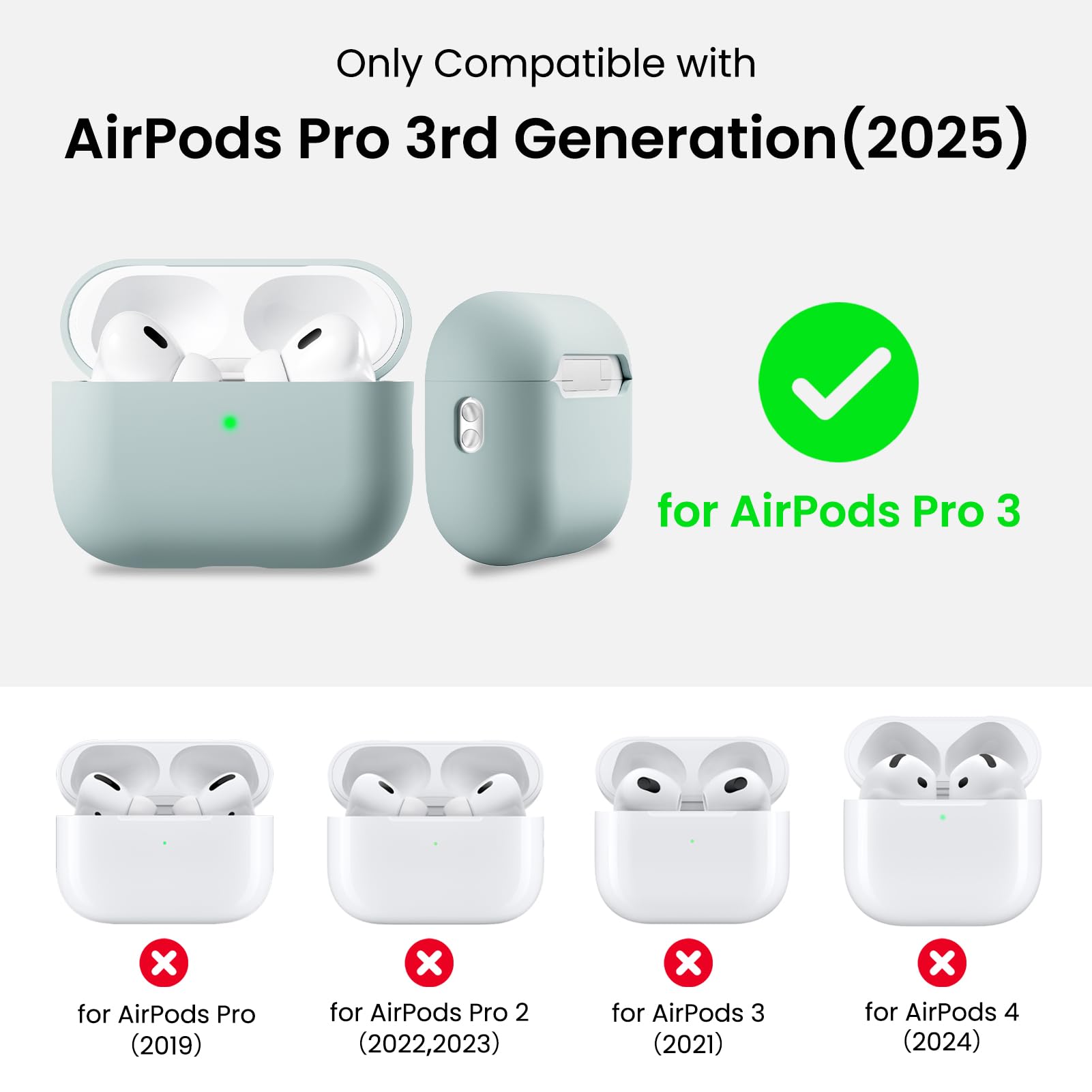 Only Compatible with  
AirPods Pro 3rd Generation (2025)  
for AirPods Pro 3  
for AirPods Pro (2019)  
for AirPods Pro 2 (2022, 2023)  
for AirPods 3 (2021)  
for AirPods 4 (2024)