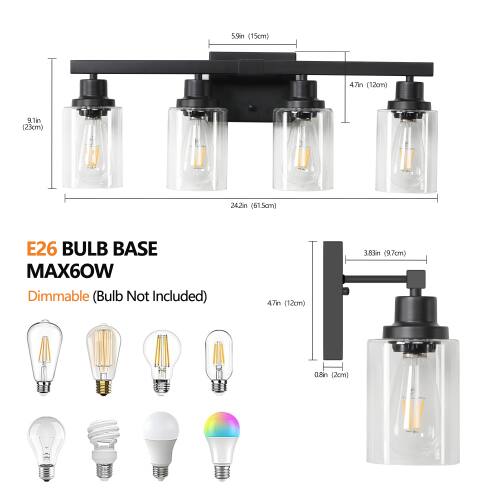 5.9in (15cm)  
4.7in (12cm)  
9.1in (23cm)  
24.2in (61.5cm)  
E26 BULB BASE  
MAX60W  
Dimmable (Bulb Not Included)  
4.7in (12cm)  
3.83in (9.7cm)  
0.8in (2cm)