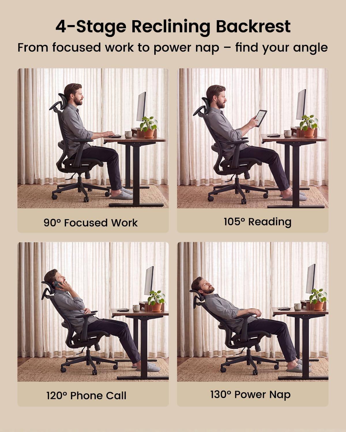 4-Stage Reclining Backrest  
From focused work to power nap - find your angle

90° Focused Work  
105° Reading  
120° Phone Call  
130° Power Nap