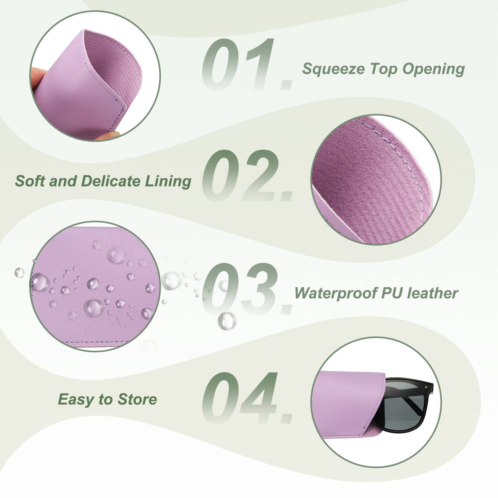 01. Squeeze Top Opening  
02. Soft and Delicate Lining  
03. Waterproof PU leather  
04. Easy to Store
