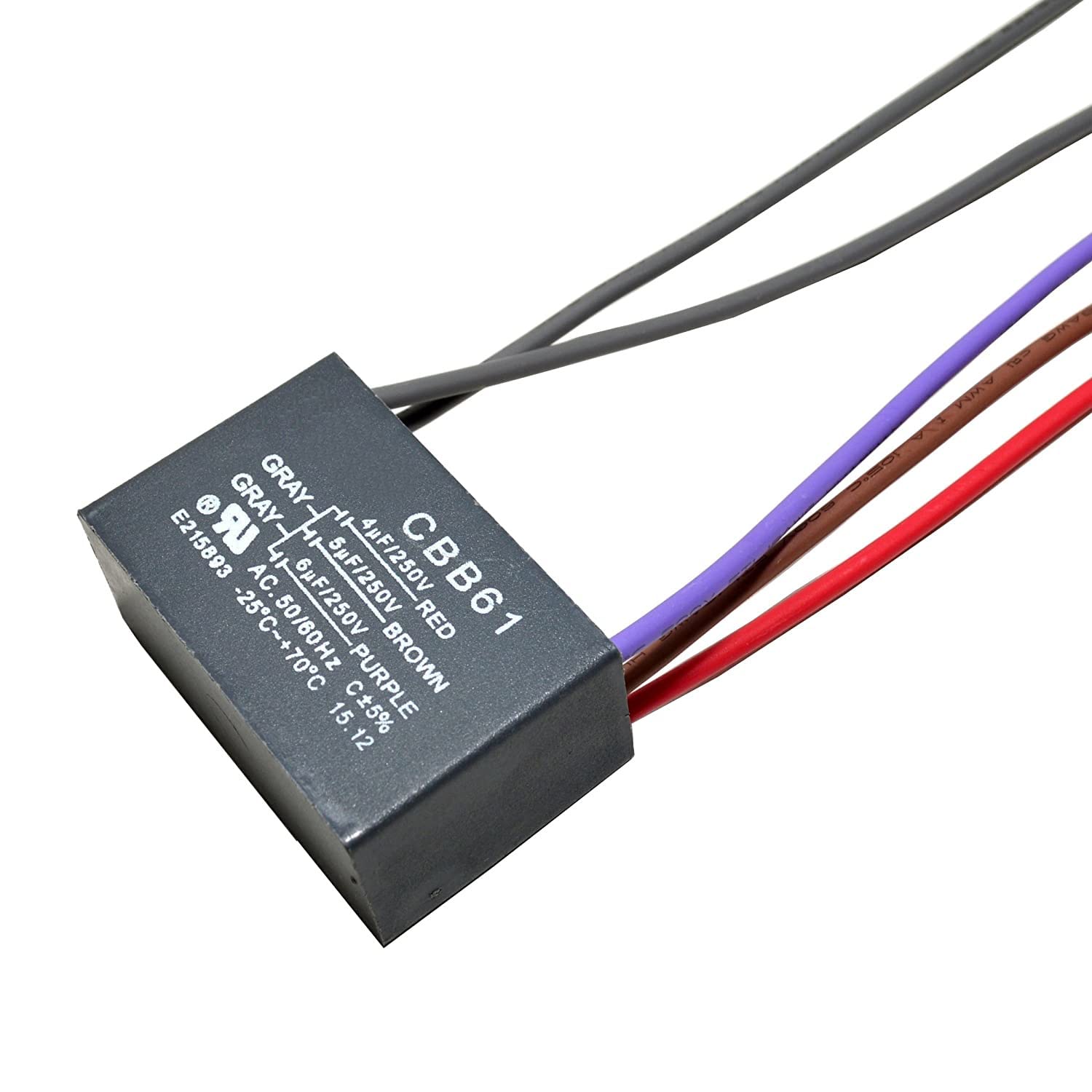 R GRAY GRAY E215893 IR  
4uF/250V | -25C~+70C AC  
6uF/250V CBB61  
RED 1 PURPLE BROWN 15 C5% 12