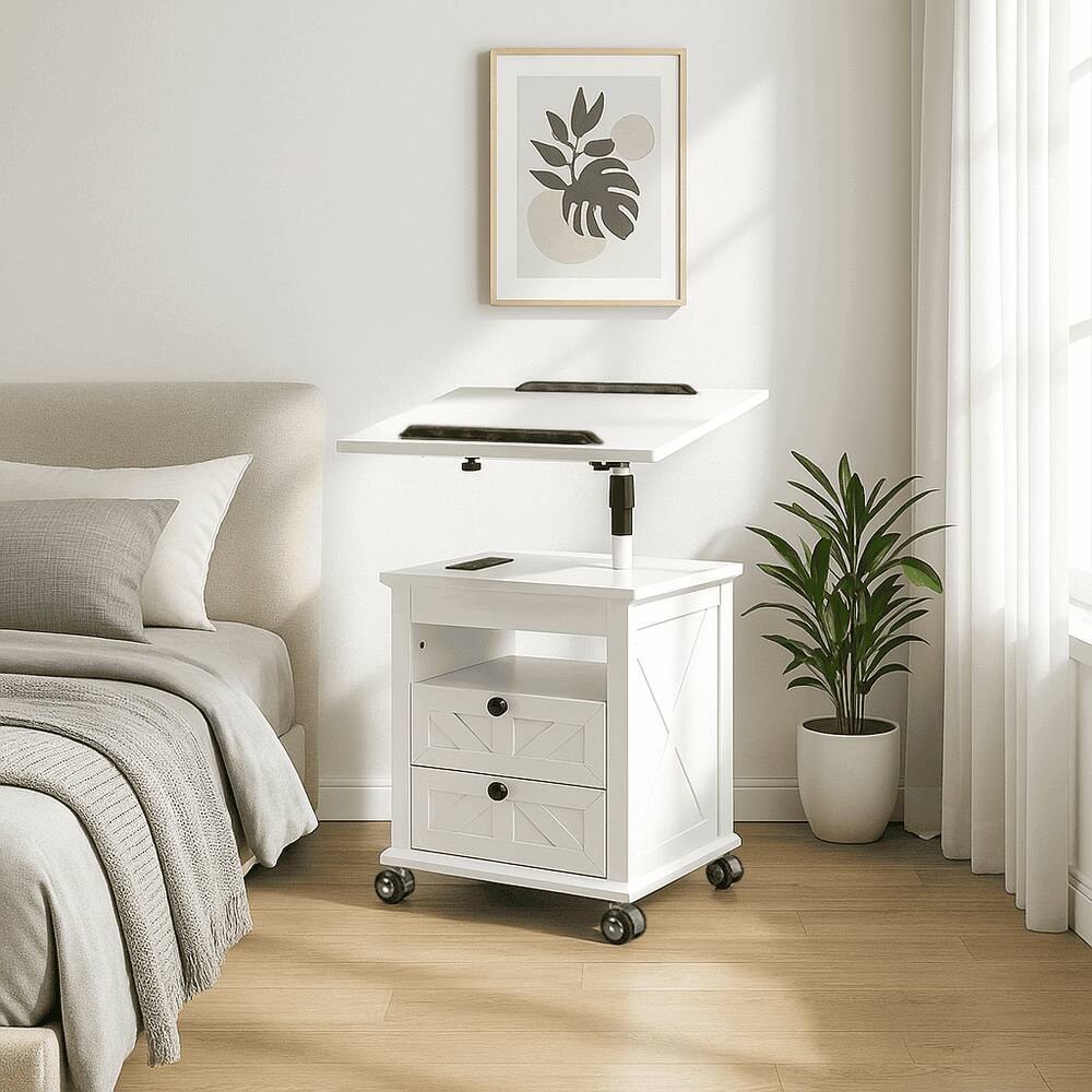 Alt View 4. Kadyn - Kadyn Lift Top Desk Cart, Mobile Rolling Table, Wood Storage Cabinet with Drawers, Adjustable Height Utility Cart, White - White.