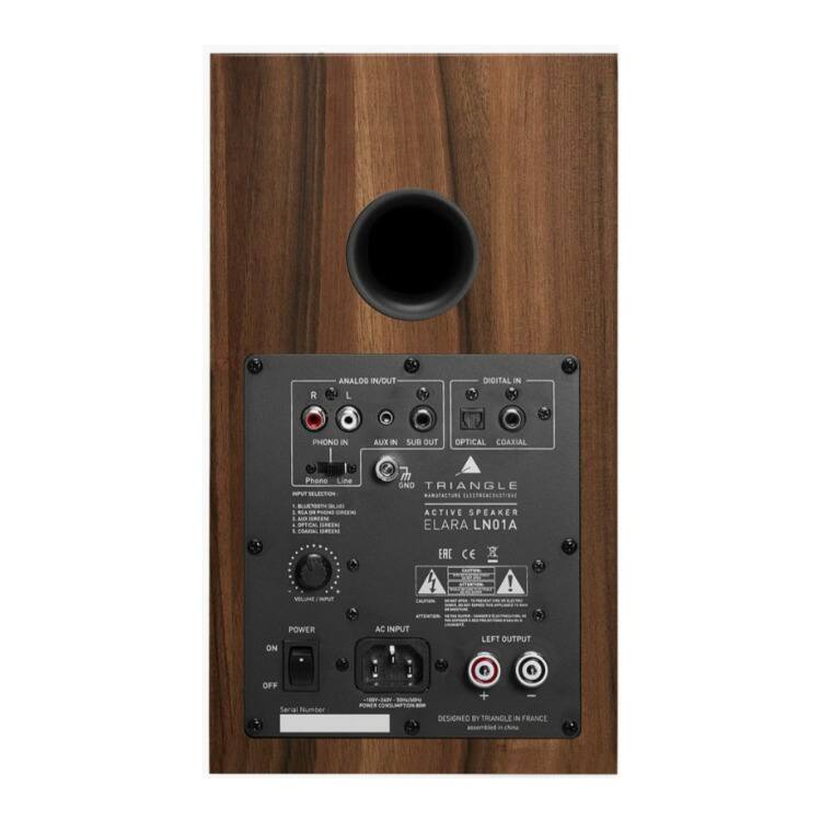 Sure, here is the corrected and grouped text from the image:

---

**ANALOG IN/OUT**  
R L

**DIGITAL IN**  
PHONO IN AUX IN SUB OUT OPTICAL COAXIAL

**TRIANGLE**  
MANUFACTURE LÉGENDE  
ACTIVE SPEAKER  
ELARA LN01A

**POWER**  
ON OFF

**AC INPUT**  
LEFT OUTPUT

**DESIGNED BY TRIANGLE IN FRANCE**  
assembled in china

**Serial Number**

**INPUT SELECTION**  
1. PHONO  
2. LINE  
3. AUX  
4. SUB  
5. OPTICAL  
6. COAXIAL

**VOLUME**  
VOLUME / MUTE

**LEFT OUTPUT**

**CE**  
**FCC**  
**CE**  
**CE**  
**CE**  
**CE**  
**CE**  
**CE**  
**CE**  
**CE**  
**CE**  
**CE**  
**CE**  
**CE**  
**CE**  
**CE**  
**CE**  
**CE**  
**CE**  
**CE**  
**CE**  
**CE**  
**CE**  
**CE**  
**CE**  
**