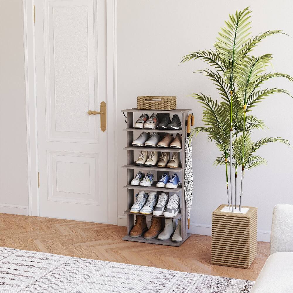 Back. Loheer - Loheer 7 tier vertical shoe rack with side hooks rustic gray - Rustic Gray.