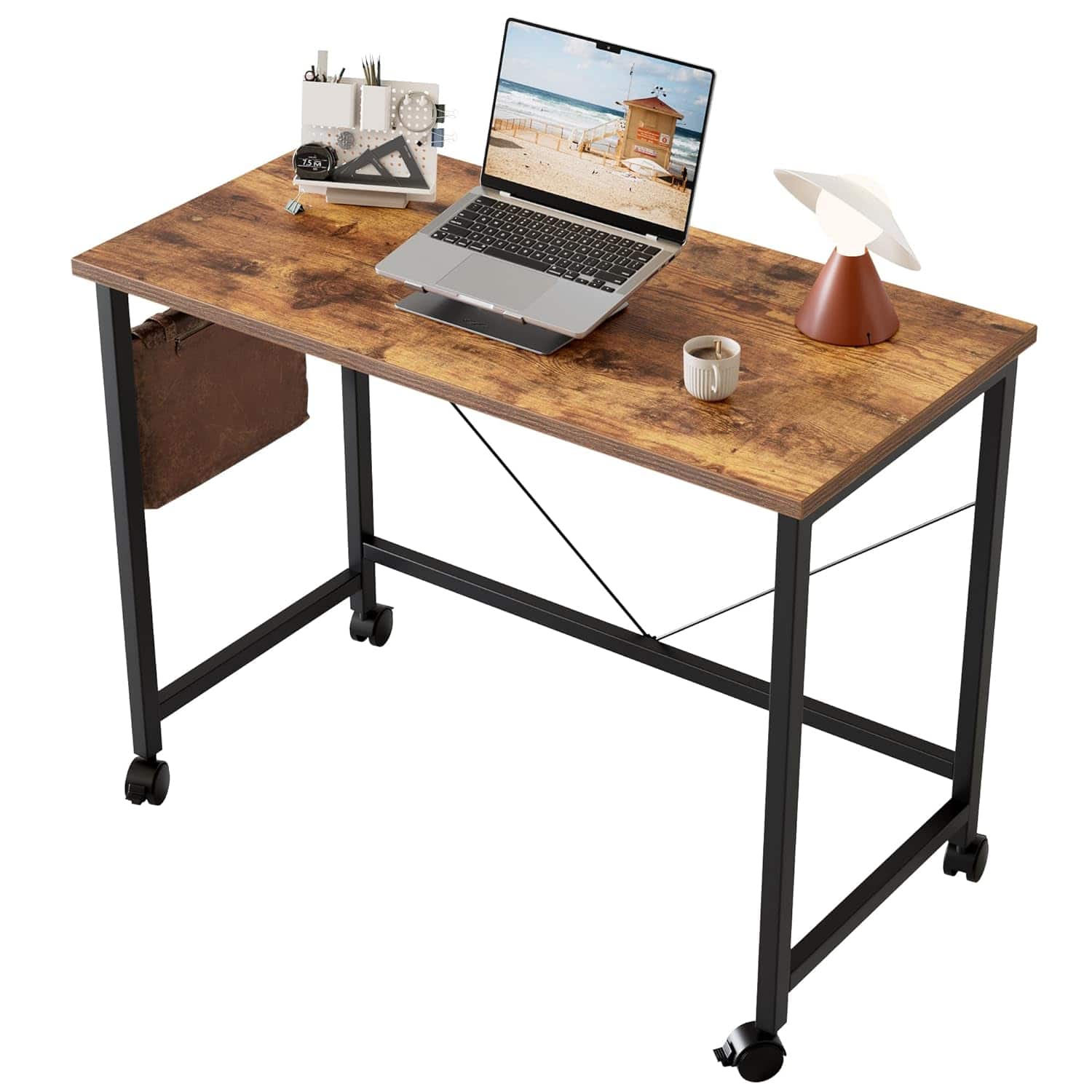 Zell Electronics - 32 Inch Rustic Rolling DeskPortable Work Table with Wheels for Home Office, Gaming, or Study - Caster, Rustic Brown