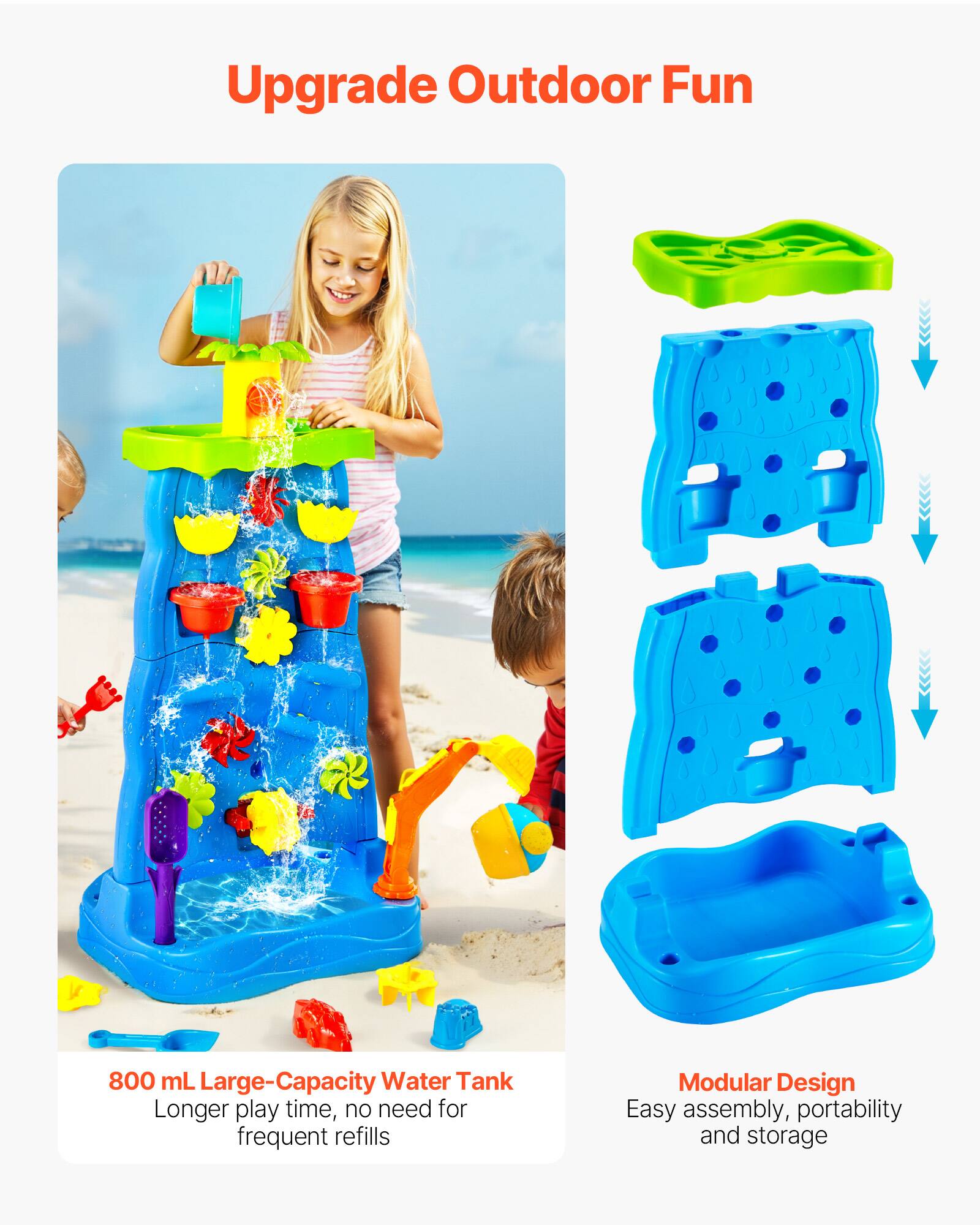 Upgrade Outdoor Fun

800 mL Large-Capacity Water Tank
Longer play time, no need for frequent refills

Modular Design
Easy assembly, portability and storage