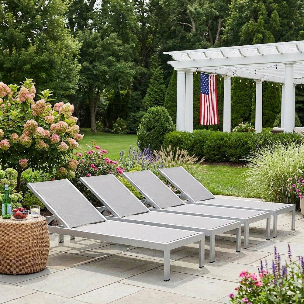 Left. Outdoor Escape - Durable Aluminum Lounge Chaise Set For Outdoor Patio Relaxation - Gray.