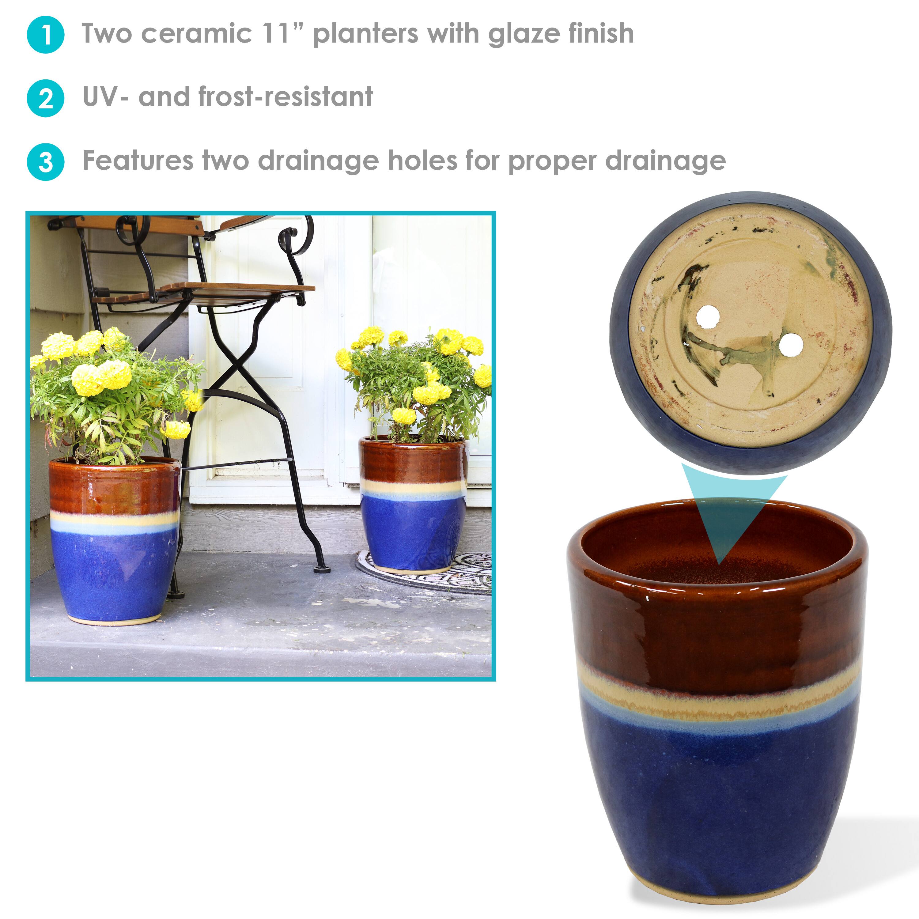 1. Two ceramic 11" planters with glaze finish
2. UV- and frost-resistant
3. Features two drainage holes for proper drainage