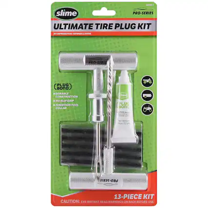 slime
20290-1 PRO-SERIES
ULTIMATE TIRE PLUG KIT
KIT SUPREMO PARA TAPONAR LLANTAS
PRO-SERIE
PLUG BOND
DURABLE CONSTRUCTION
NO-SLIP GRIP
INSERTION TOOL
COLLAR
slime PLUG BOND
CAUTION: EYE IRRITANT. READ WARNINGS ON BACK BEFORE USE.
NET WEIGHT 41oz. 12.1mL
PRO-SERIE
13-PIECE KIT