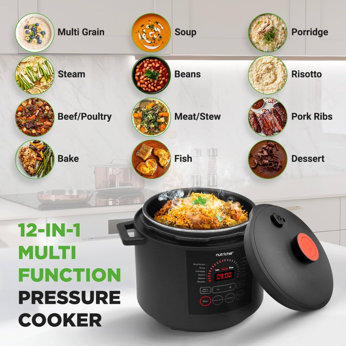 Multi Grain Soup Porridge Steam Beans Risotto Beef/Poultry Meat/Stew Pork Ribs Bake Fish Dessert 12-IN-1 MULTI FUNCTION PRESSURE COOKER nutricher
