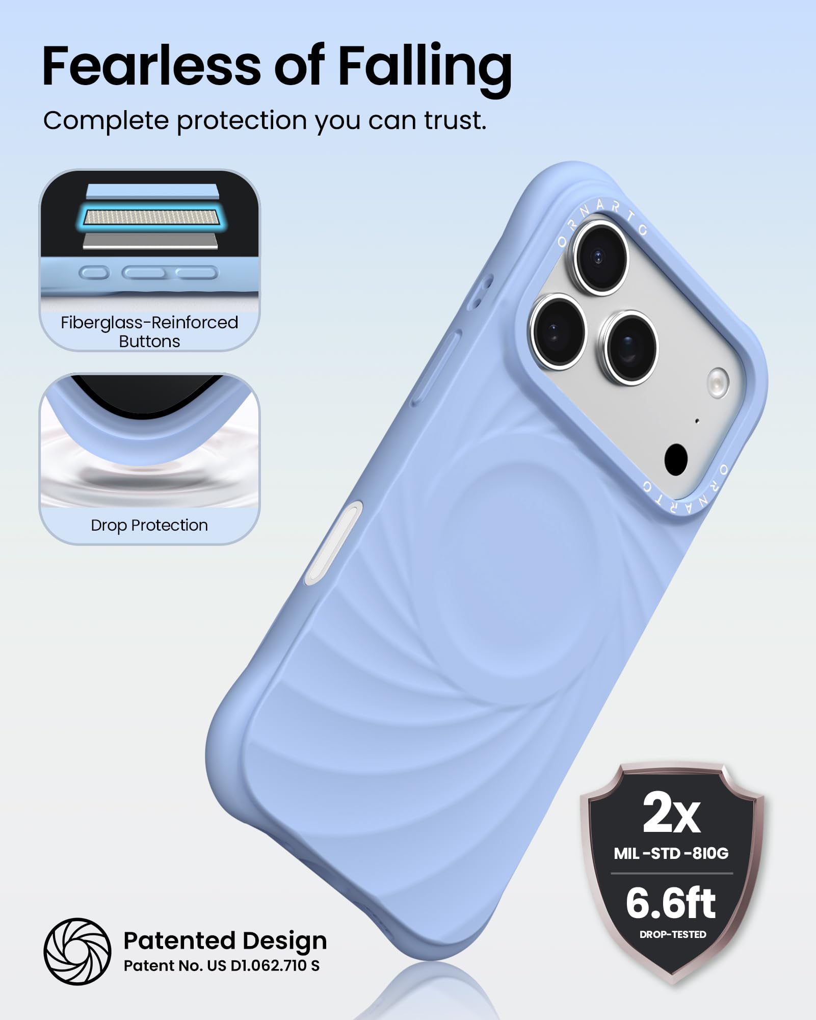 Fearless of Falling  
Complete protection you can trust.

- Fiberglass-Reinforced Buttons
- Drop Protection

Patented Design  
Patent No. US D1.062.710 S

2x MIL-STD-810G  
6.6ft DROP-TESTED