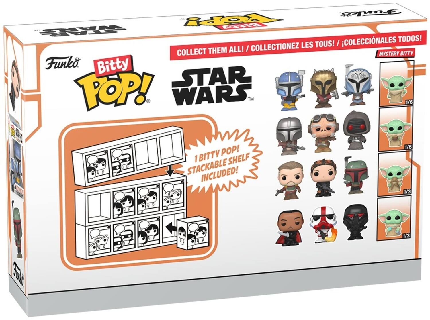 Sure, here is the corrected and grouped text from the image:

---

**Funko Bitty POP!**

**STAR WARS™**

**COLLECT THEM ALL! / COLLECTEZ LES TOUS! / COLECCIONALES TODOS!**

**1 BITTY POP! STACKABLE SHELF INCLUDED!**

**MYSTERY BITTY**

---

**1/6**

**1/3**

**1/3**

**2**

---