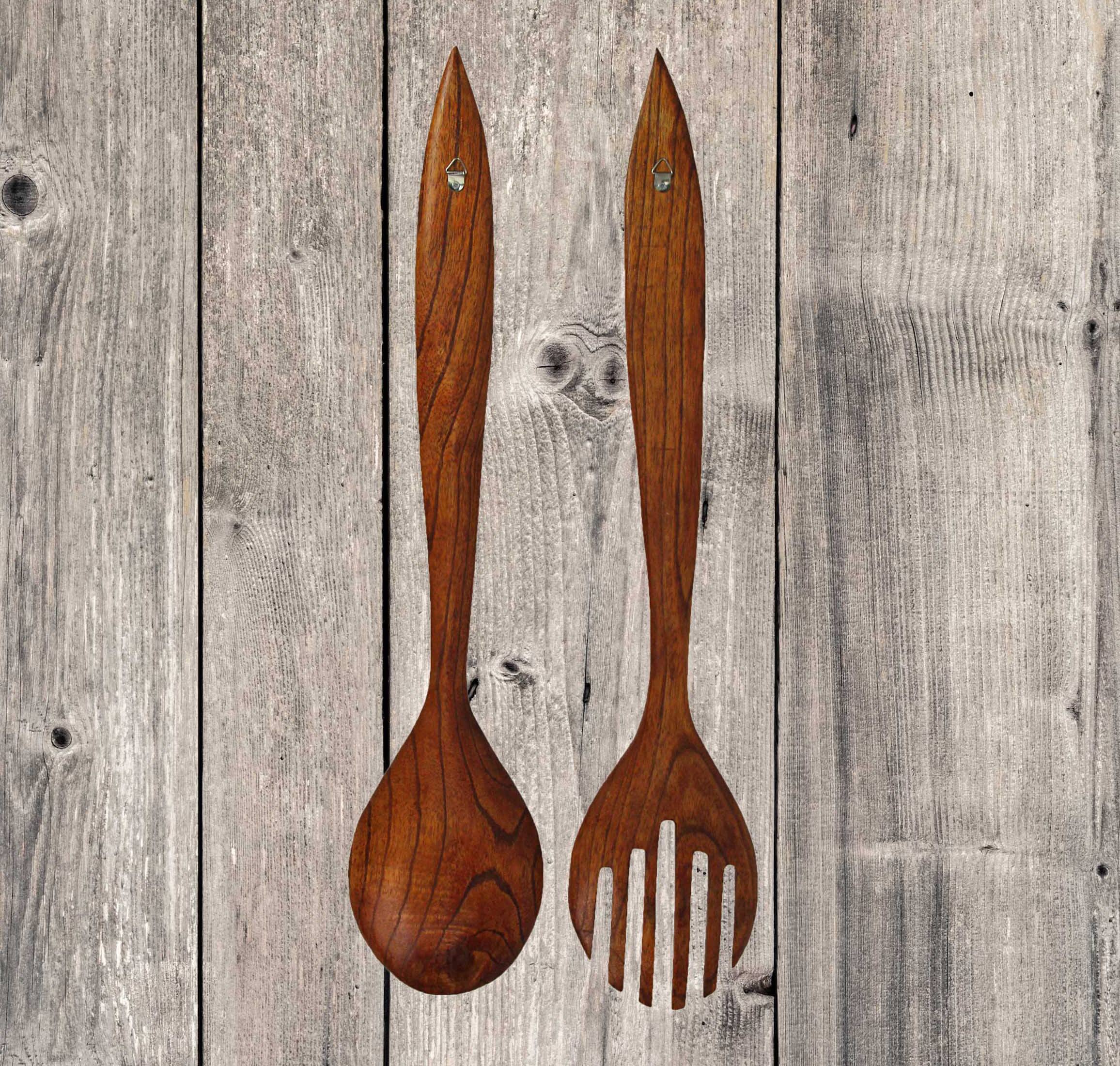 Alt View 4. Zeckos - Set of 2 Modern Minimalist Wooden Fork & Spoon Sculpture Wall Hanging Home Decor - Brown.