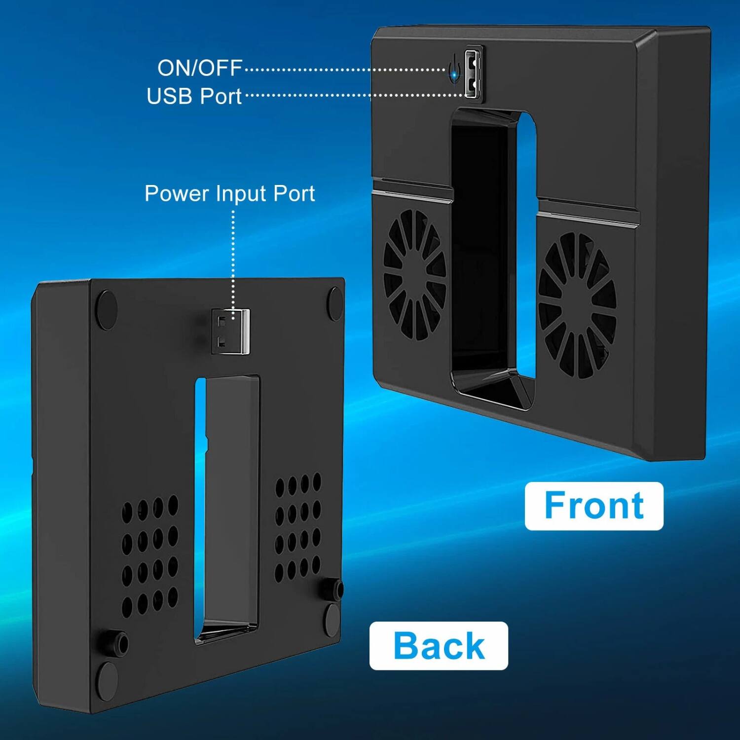 - ON/OFF
- USB Port
- Power Input Port

Front

Back