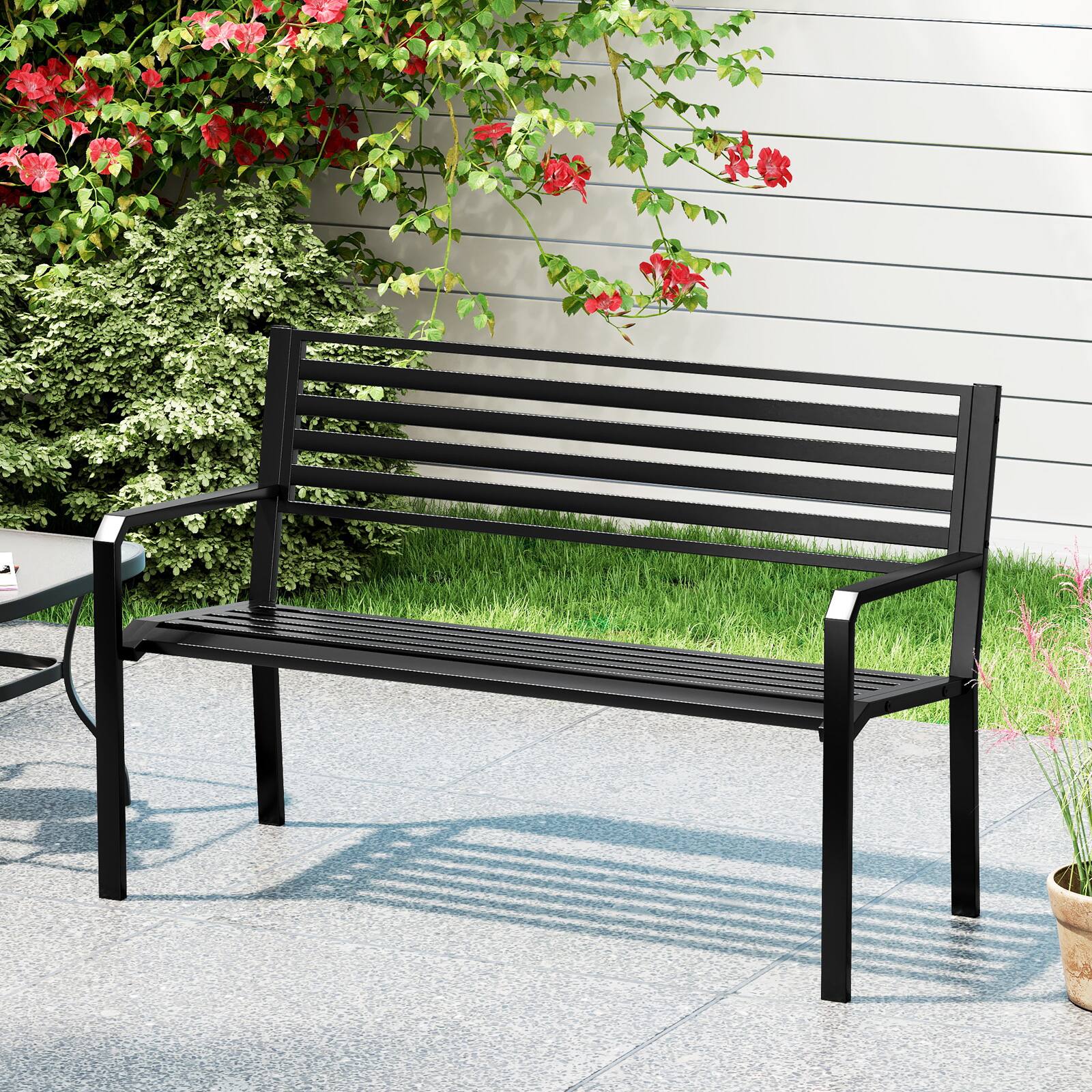 Alt View 1. Gymax - Gymax 50'' Outdoor Metal Park Bench for 2-3 People w/ Armrests & Backrest for Backyard - Black.