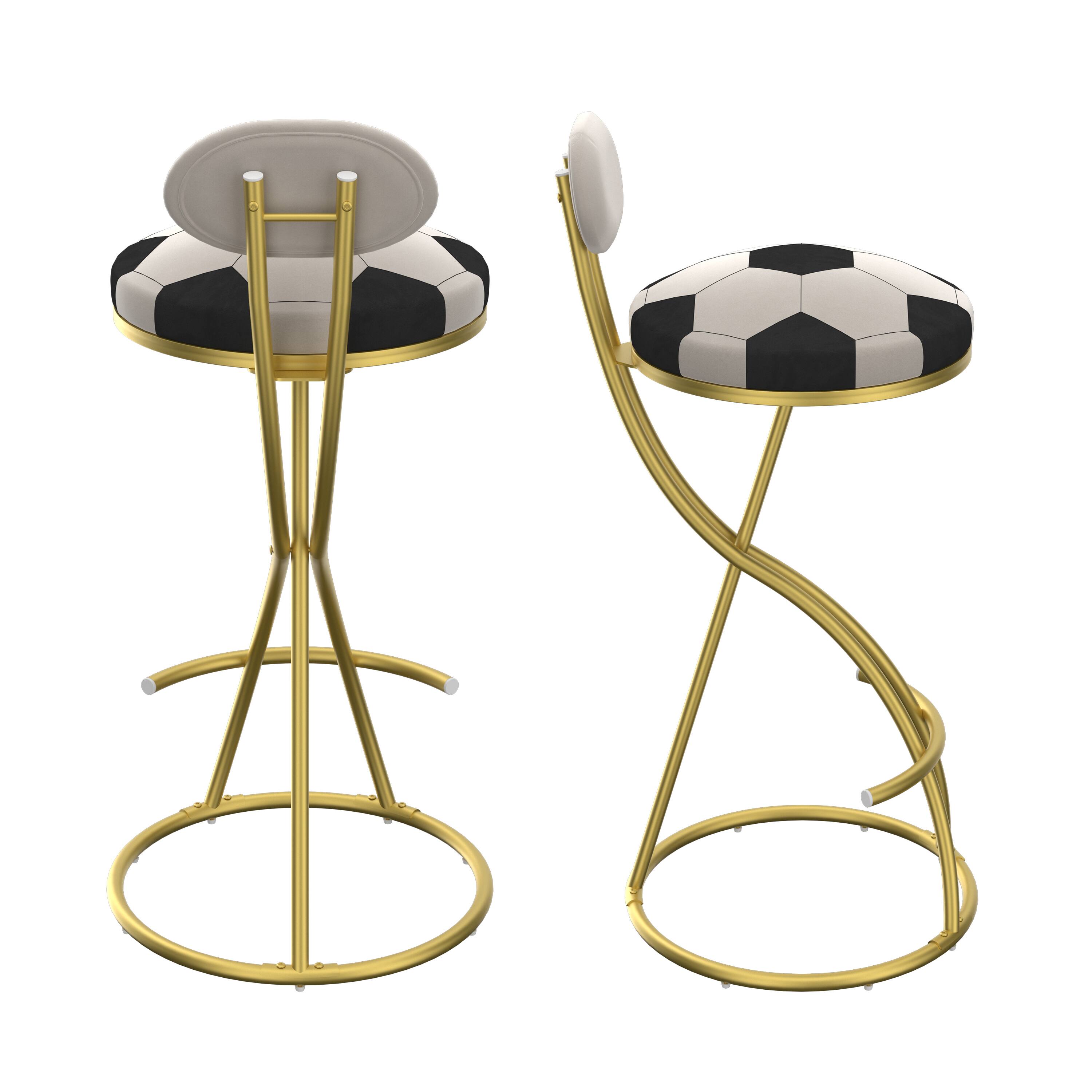Back. PexFix - Modern Velvet Bar Stools, Set of 2, S-Shaped with Football Print, Upholstered for Kitchen & Living Room - Gold.