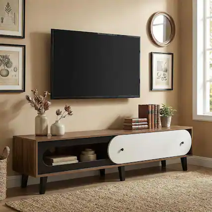 Front. Pefilos - TV for 80 TVs Mid Century Modern Entertainment with Sliding Door Cabinet, Wooden Media Storage - Brown.