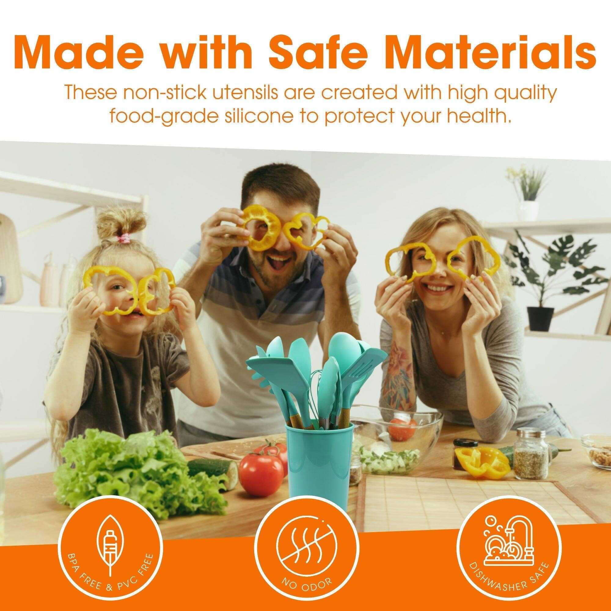 Made with Safe Materials  
These non-stick utensils are created with high quality food-grade silicone to protect your health.  

BPA FREE & PVC FREE  
NO ODOR  
DISHWASHER SAFE
